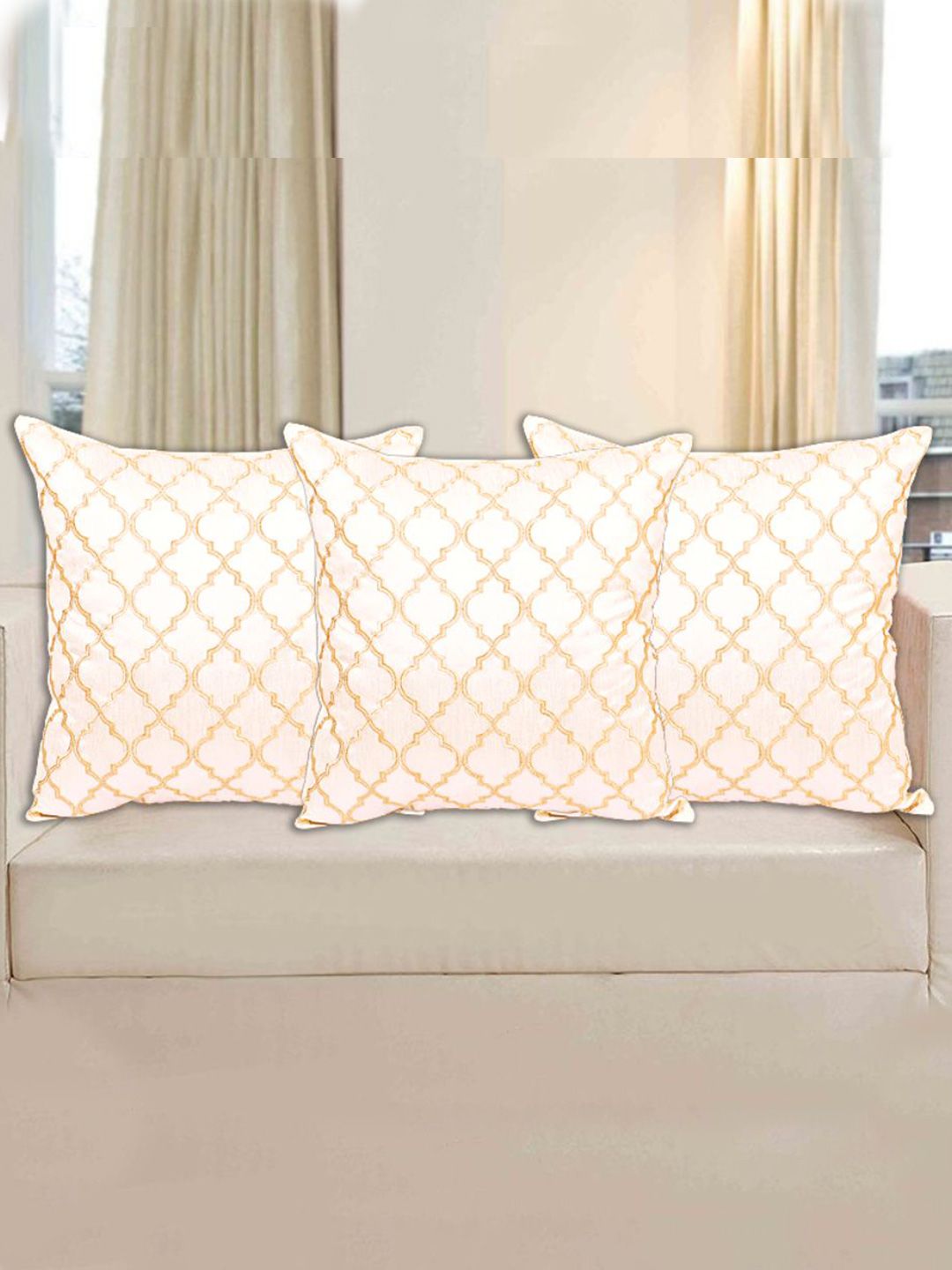 INDHOME LIFE Peach-Coloured & Gold-Toned Set of 3 Embroidered Square Cushion Covers Price in India