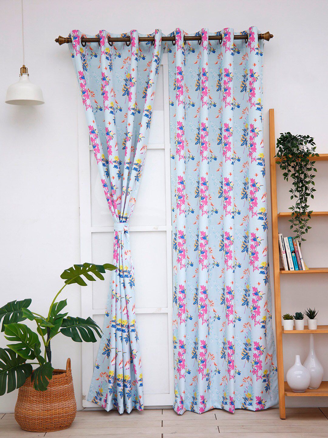 Ariana Blue & Pink Floral Printed Black Out Door Curtain Price in India