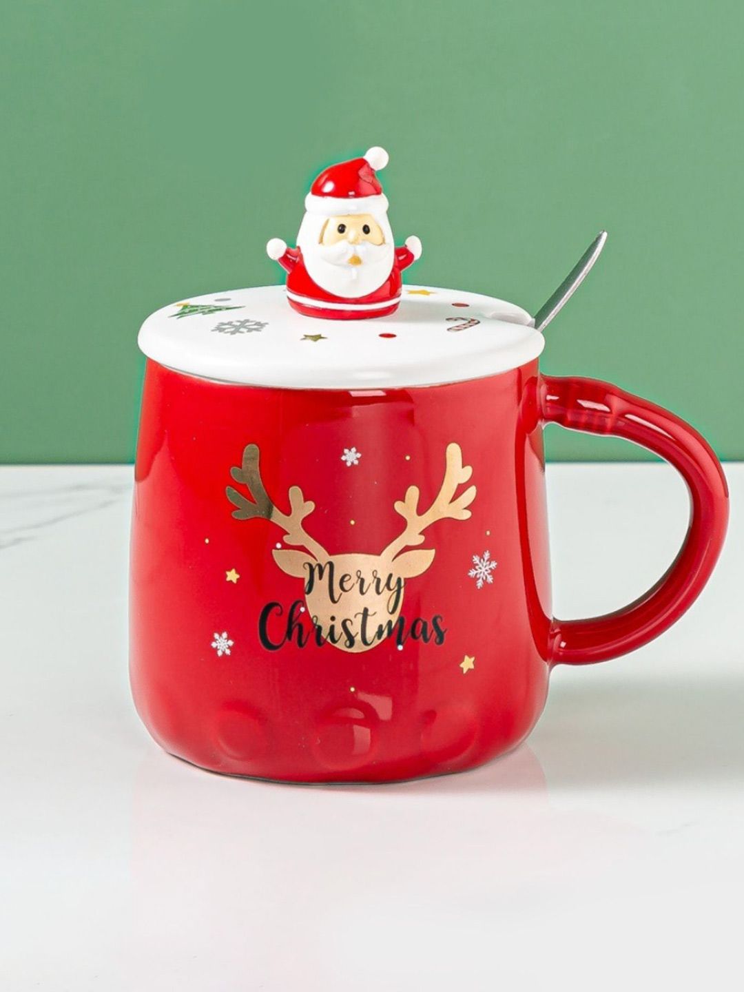 Nestasia Red and White Ceramic Santa Cup With Lid and Spoon Price in India