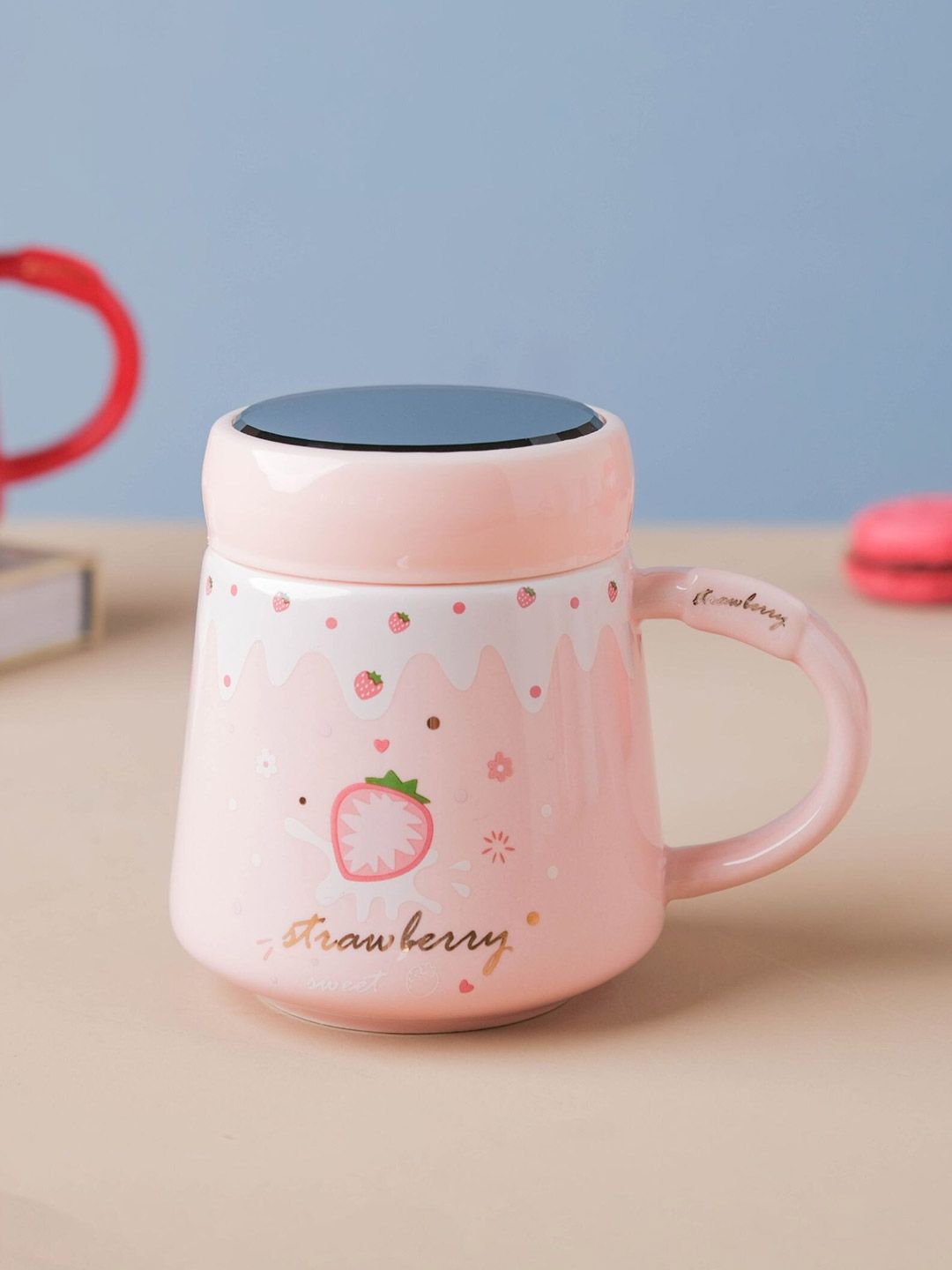 Nestasia Pink Strawberry Printed Ceramic Glossy Mug with Lid Price in India