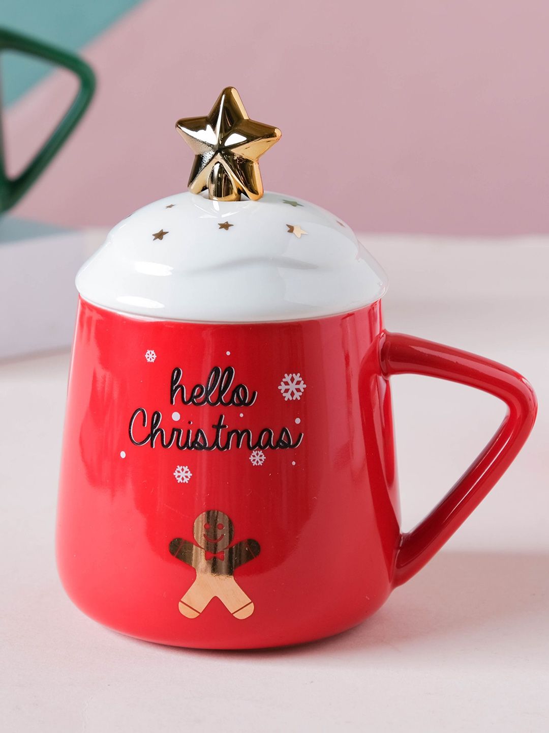 Nestasia Red & White Hello Christmas Printed Ceramic Mug With Lid & Spoon Price in India