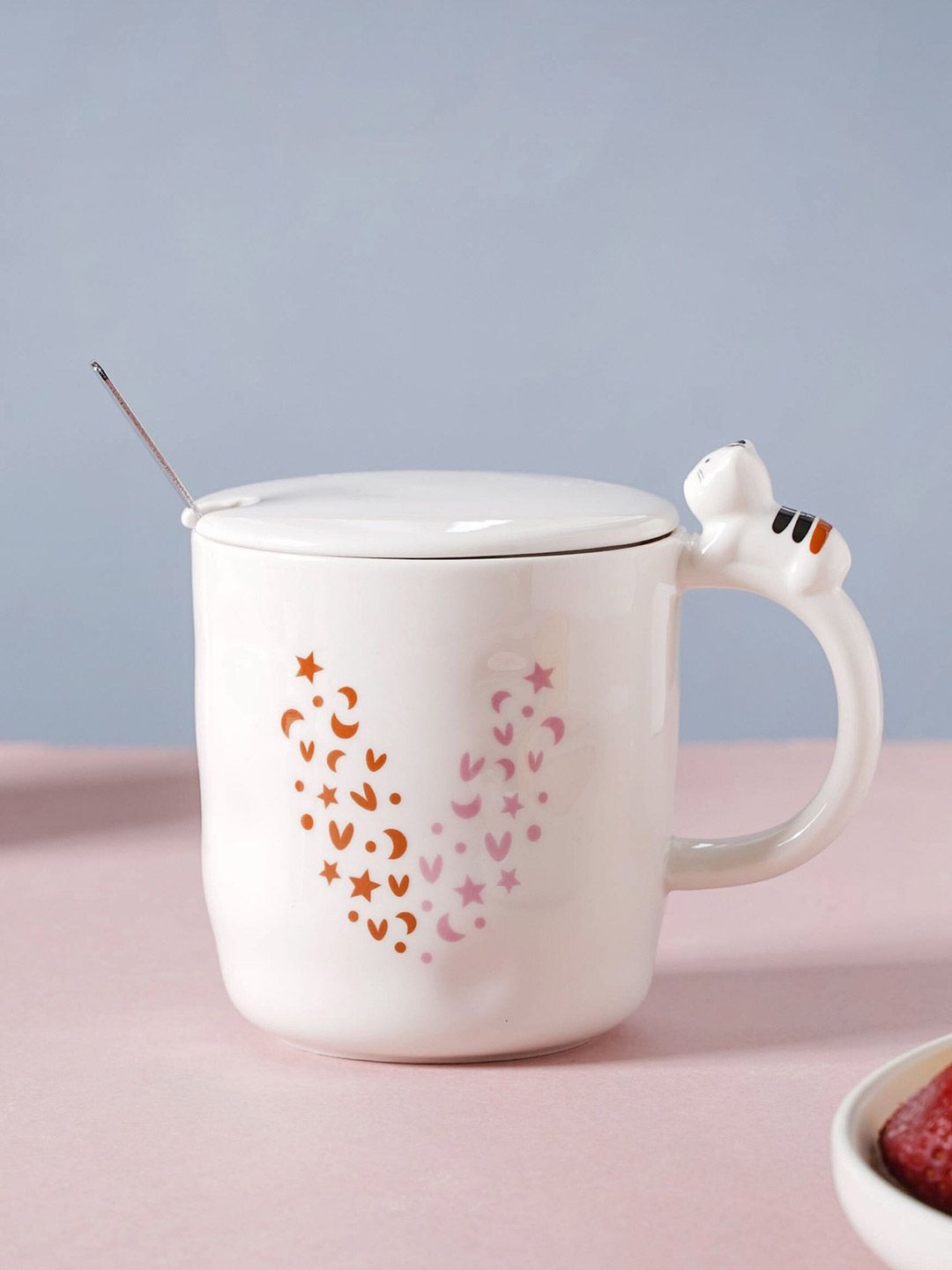 Nestasia White & Red Hearty Party Printed Ceramic Glossy Mug With Lid & Spoon Price in India