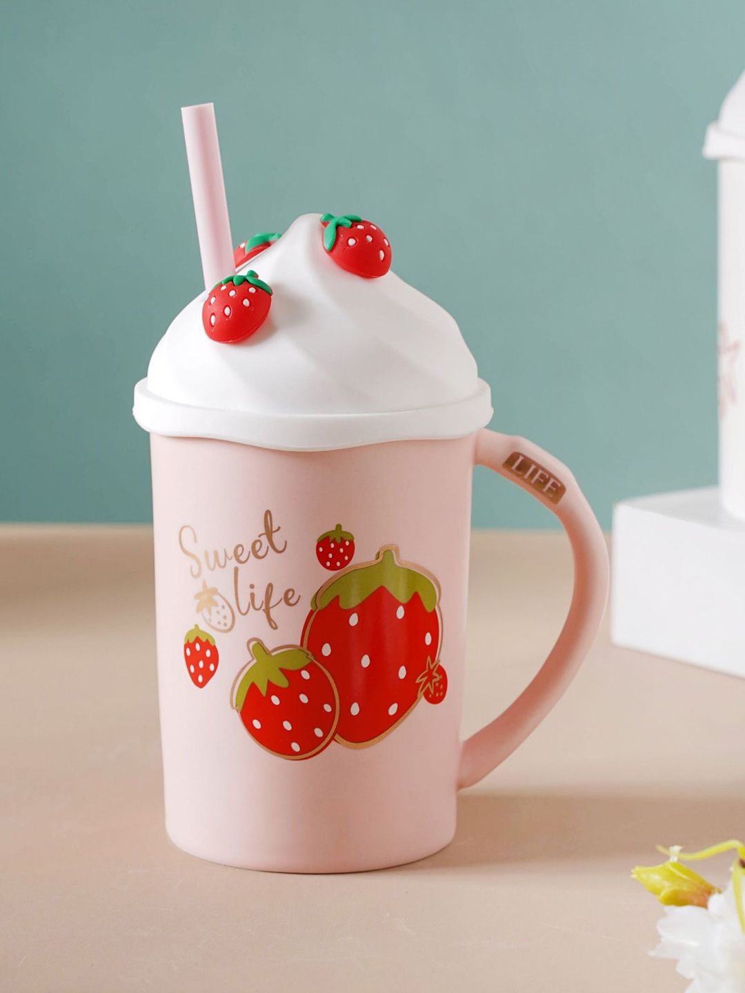 Nestasia Pink Ceramic Strawberry Cup With Lid & Straw Price in India