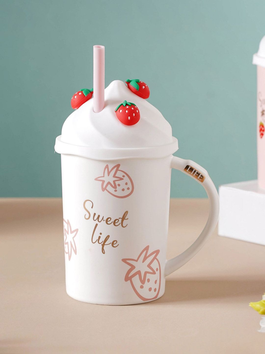 Nestasia White Ceramic Strawberry Cup With Lid & Straw Price in India