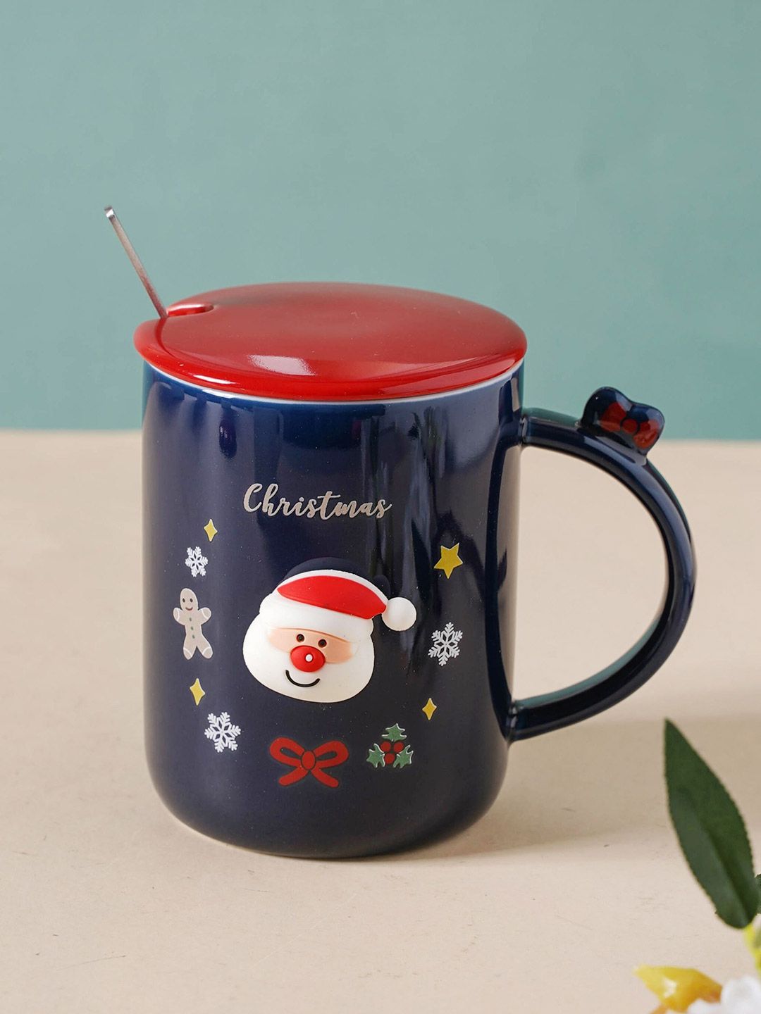 Nestasia Blue & Red Festive Santa Printed Ceramic Glossy Mug With Lid & Spoon Price in India