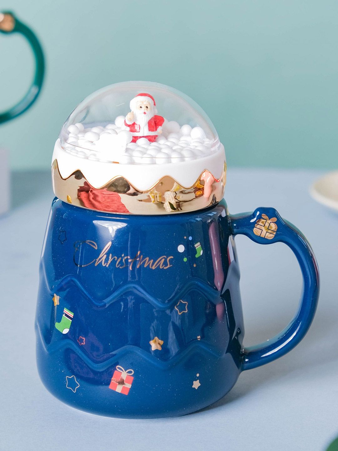 Nestasia Blue & White Printed Ceramic Glossy Snowy Christmas Mug With Lid Price in India