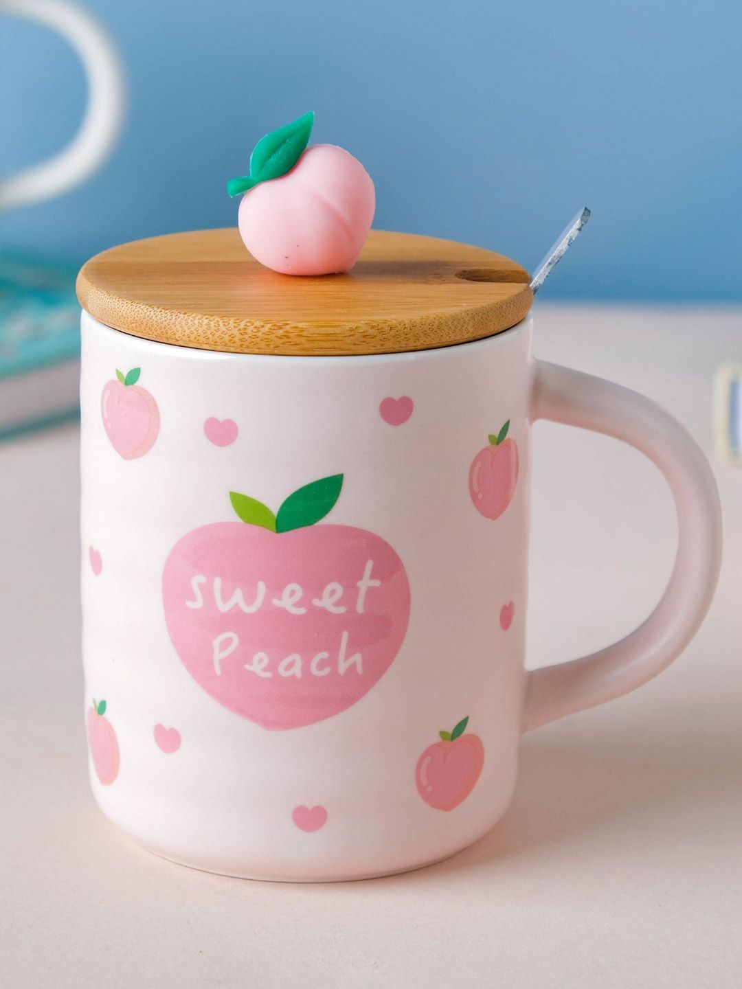 Nestasia Pink Sweet Peach Morning Tea Printed Ceramic Mug With Lid & Spoon Price in India