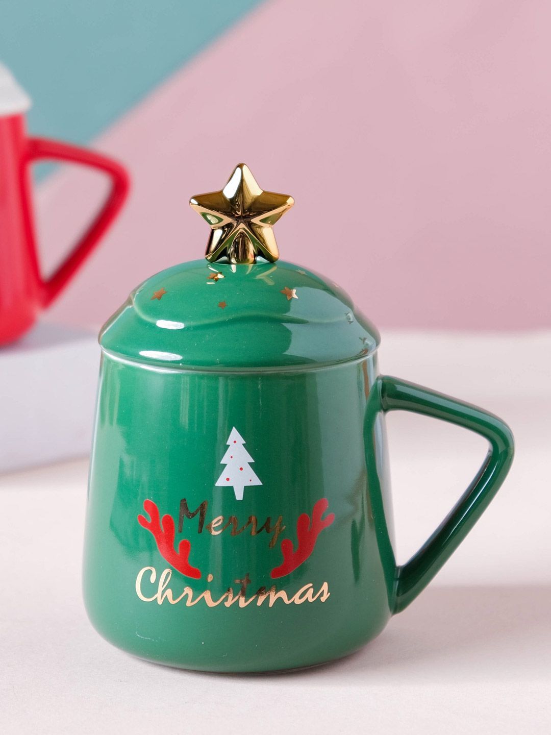 Nestasia Green Merry Christmas Ceramic Mug With Lid and Spoon Price in India