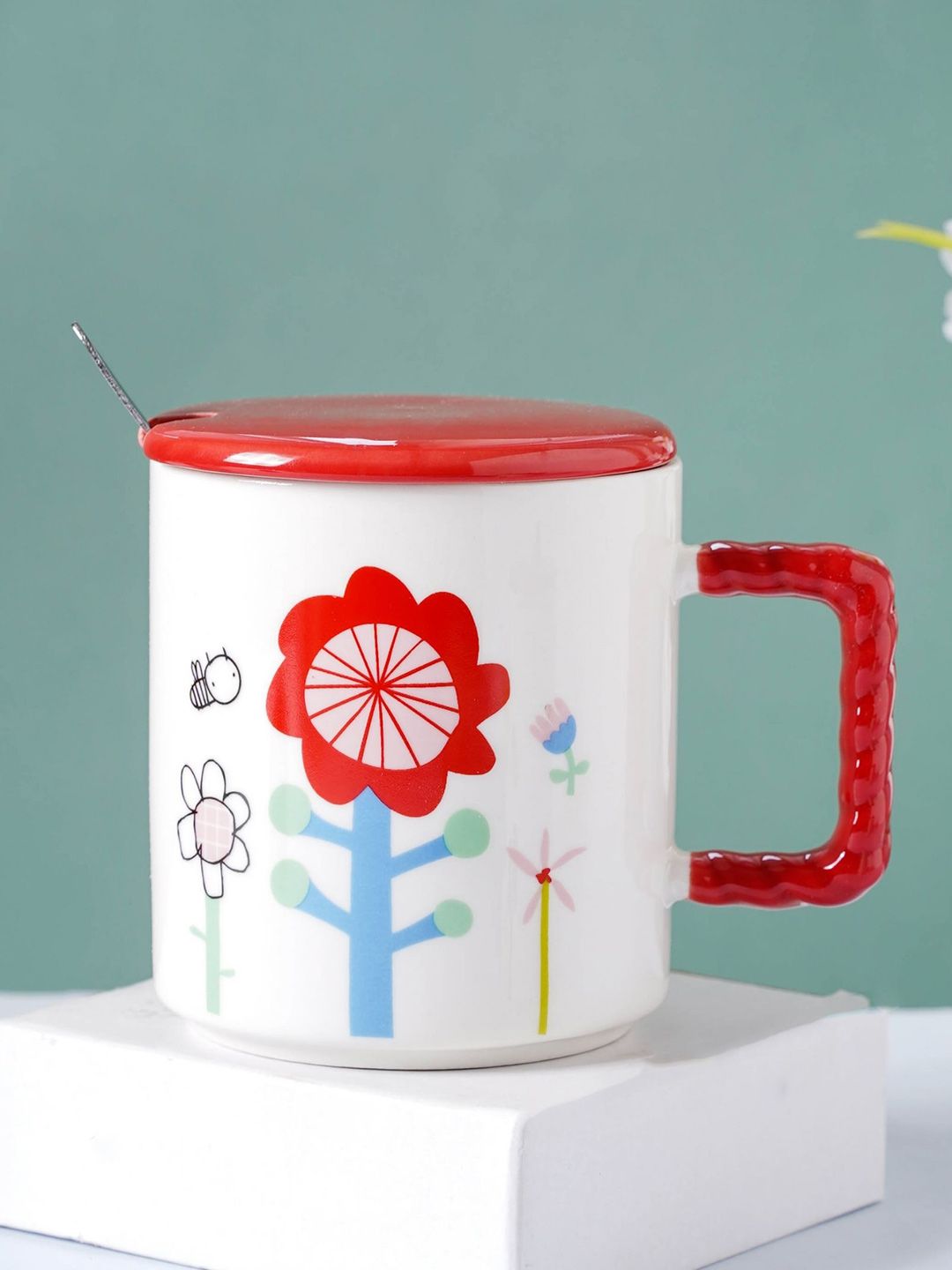 Nestasia White and Red Flower Ceramic Mug with Lid & Spoon Price in India
