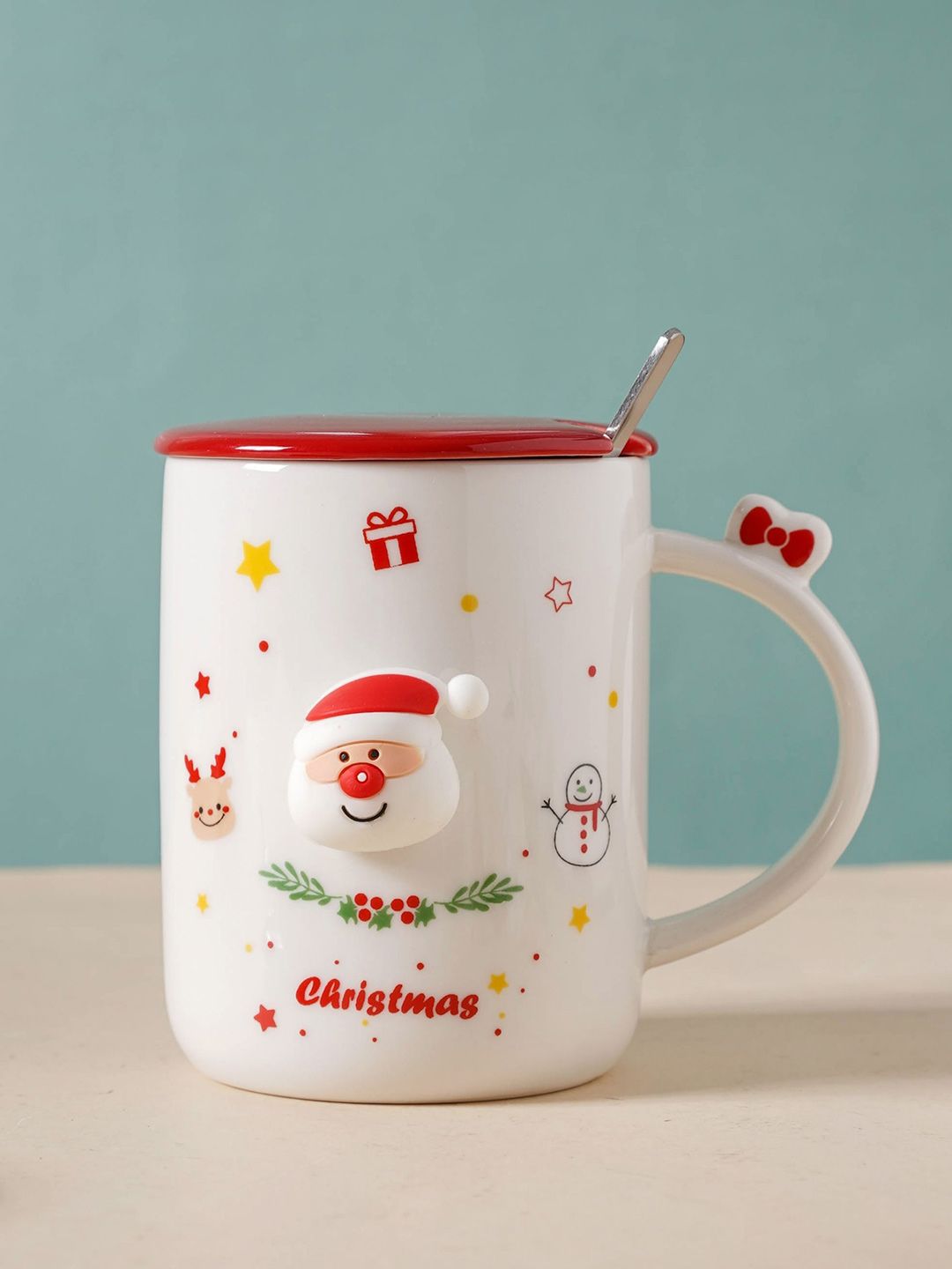 Nestasia White & Red Ceramic Christmas Mug With Lid & Spoon Price in India