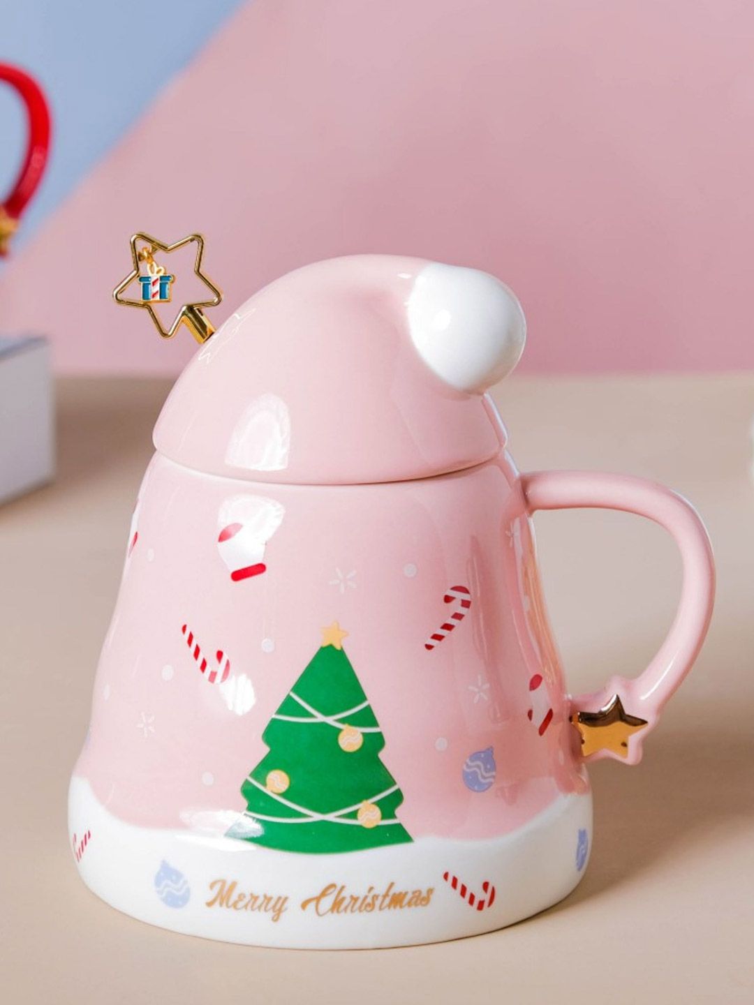 Nestasia Pink & Green Ceramic Christmas Cup with Lid & Spoon Price in India