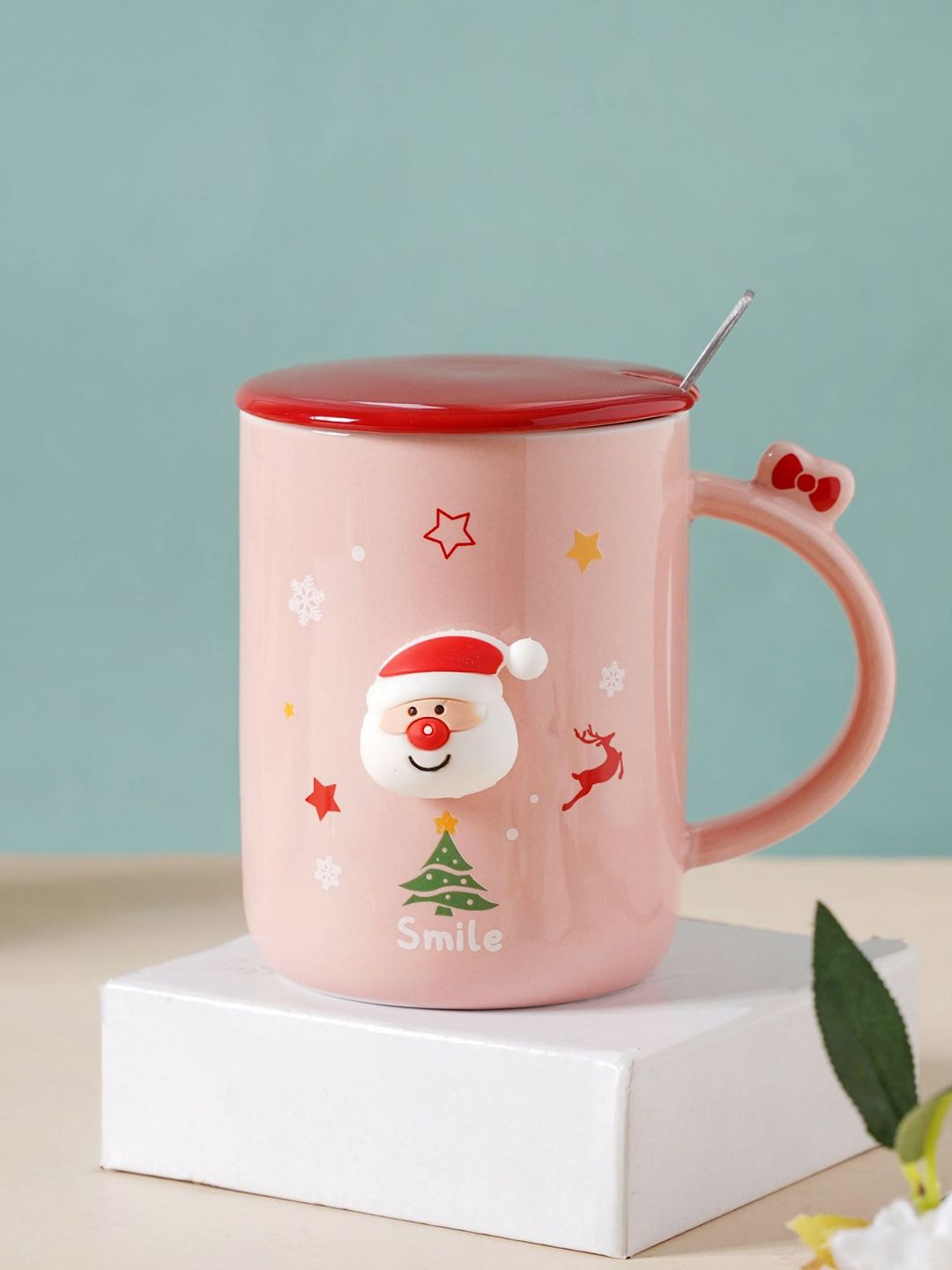Nestasia Pink & Red Ceramic Reindeer Mug with Lid & Spoon Price in India