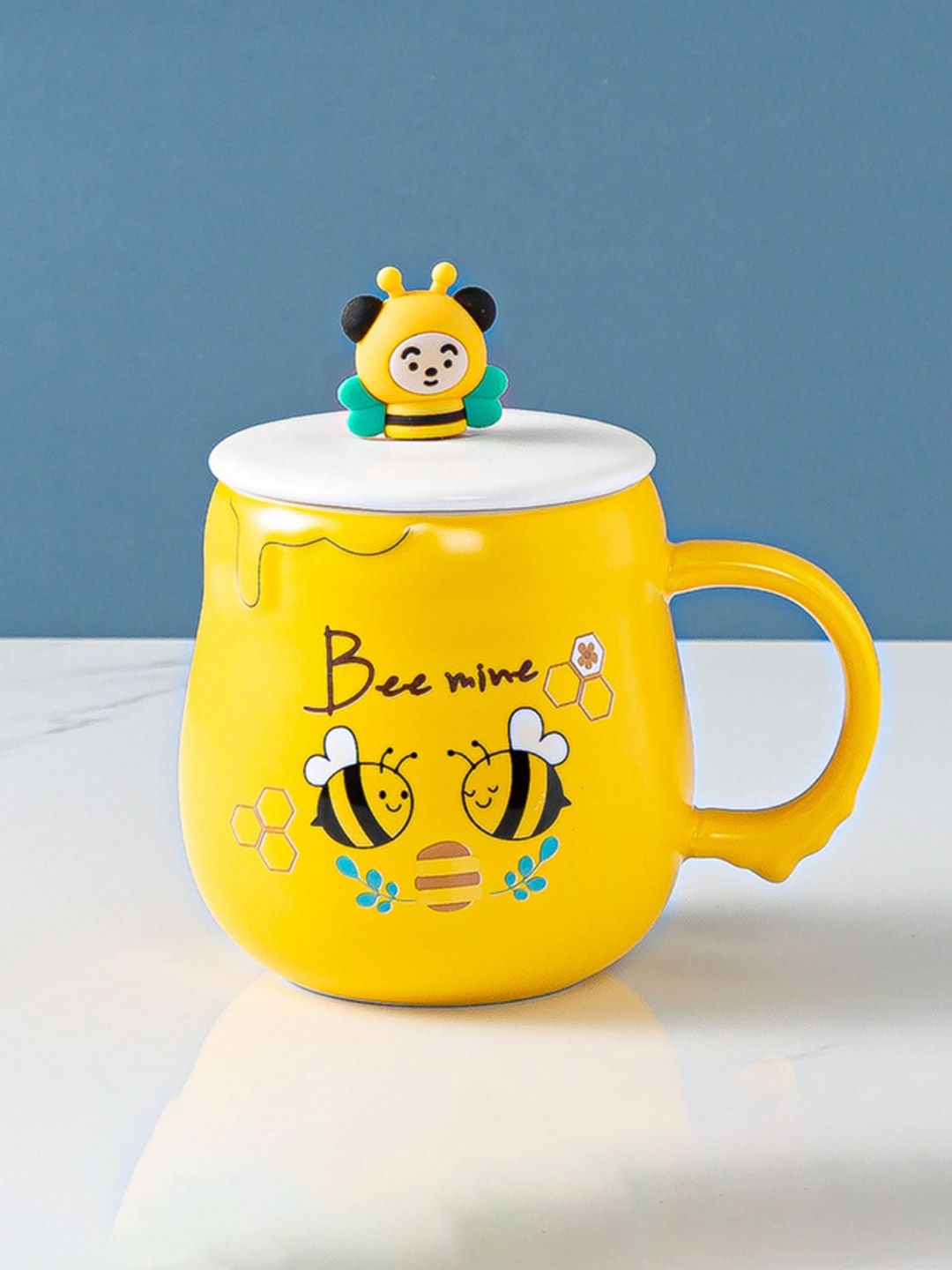 Nestasia Yellow & White Little Bee Printed Ceramic Mug with Lid & Spoon Price in India