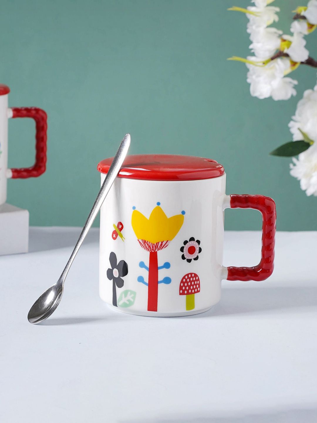 Nestasia White & Red Floral Printed Ceramic Mug with Lid & Spoon Price in India