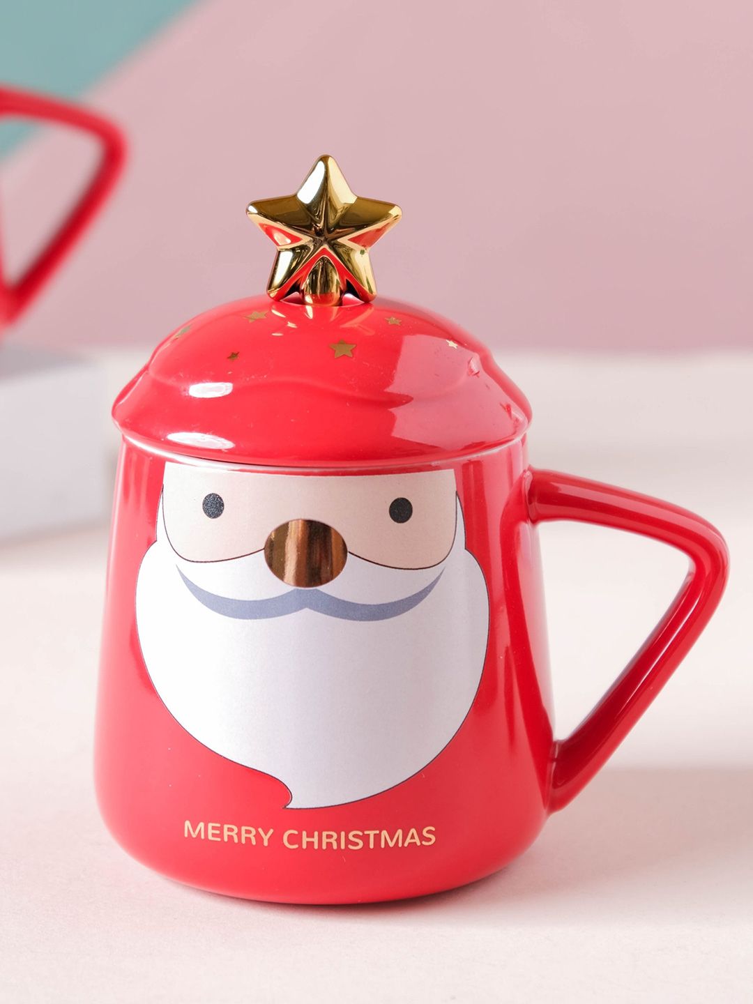 Nestasia Red & White Santa Printed Ceramic Mug With Lid & Spoon Price in India