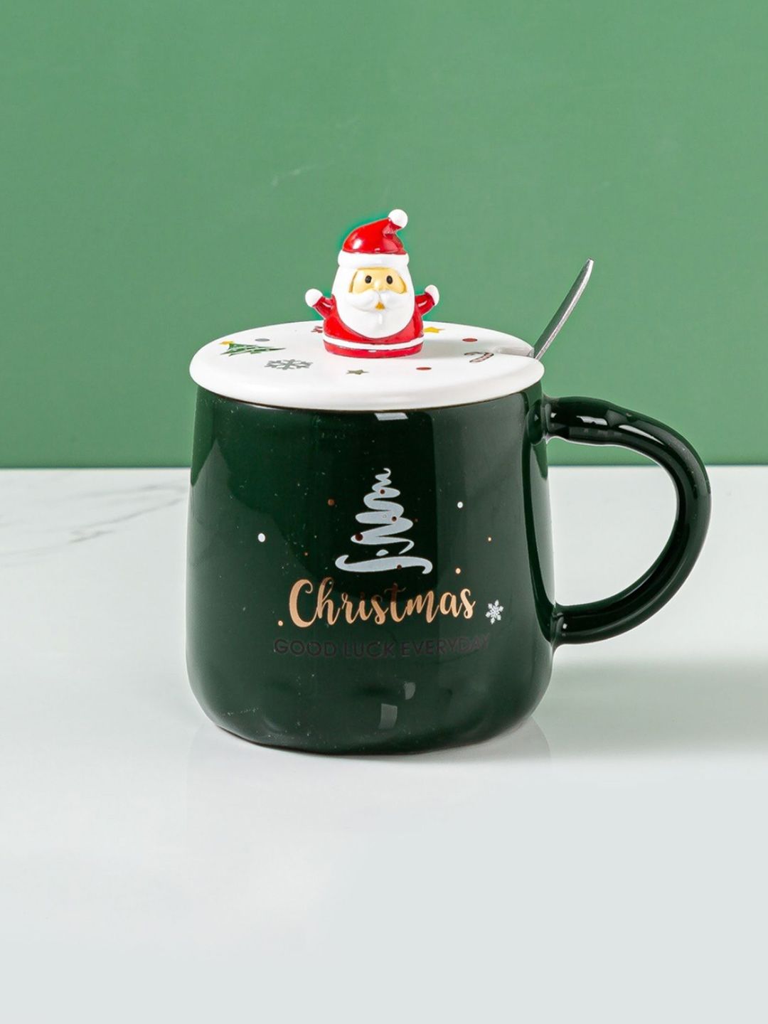 Nestasia Green & White Santa Ceramic Glossy Cup with Lid & Spoon Price in India