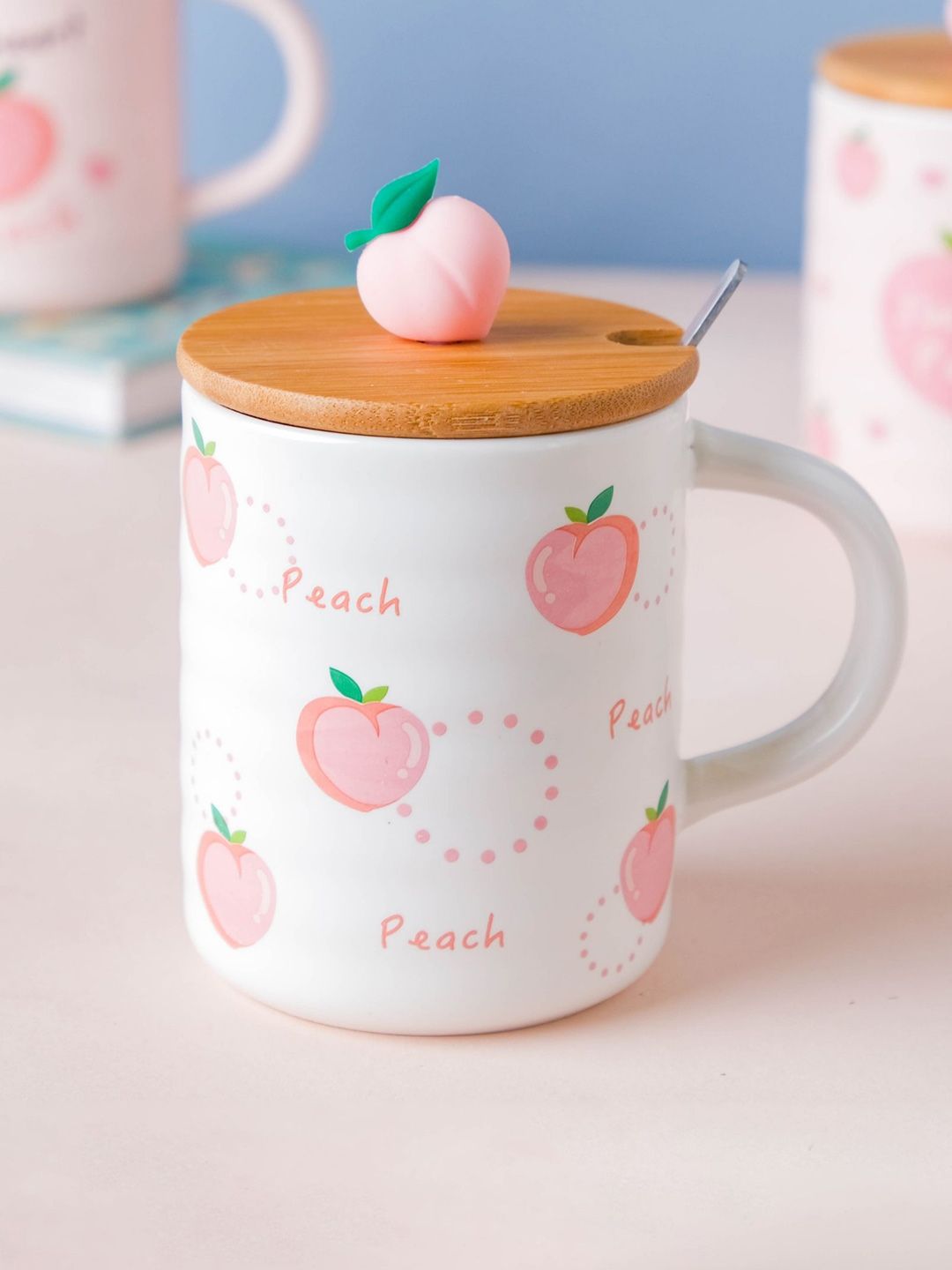 Nestasia Pink & White Peach Morning Tea Printed Ceramic Mug With Lid & Spoon Price in India