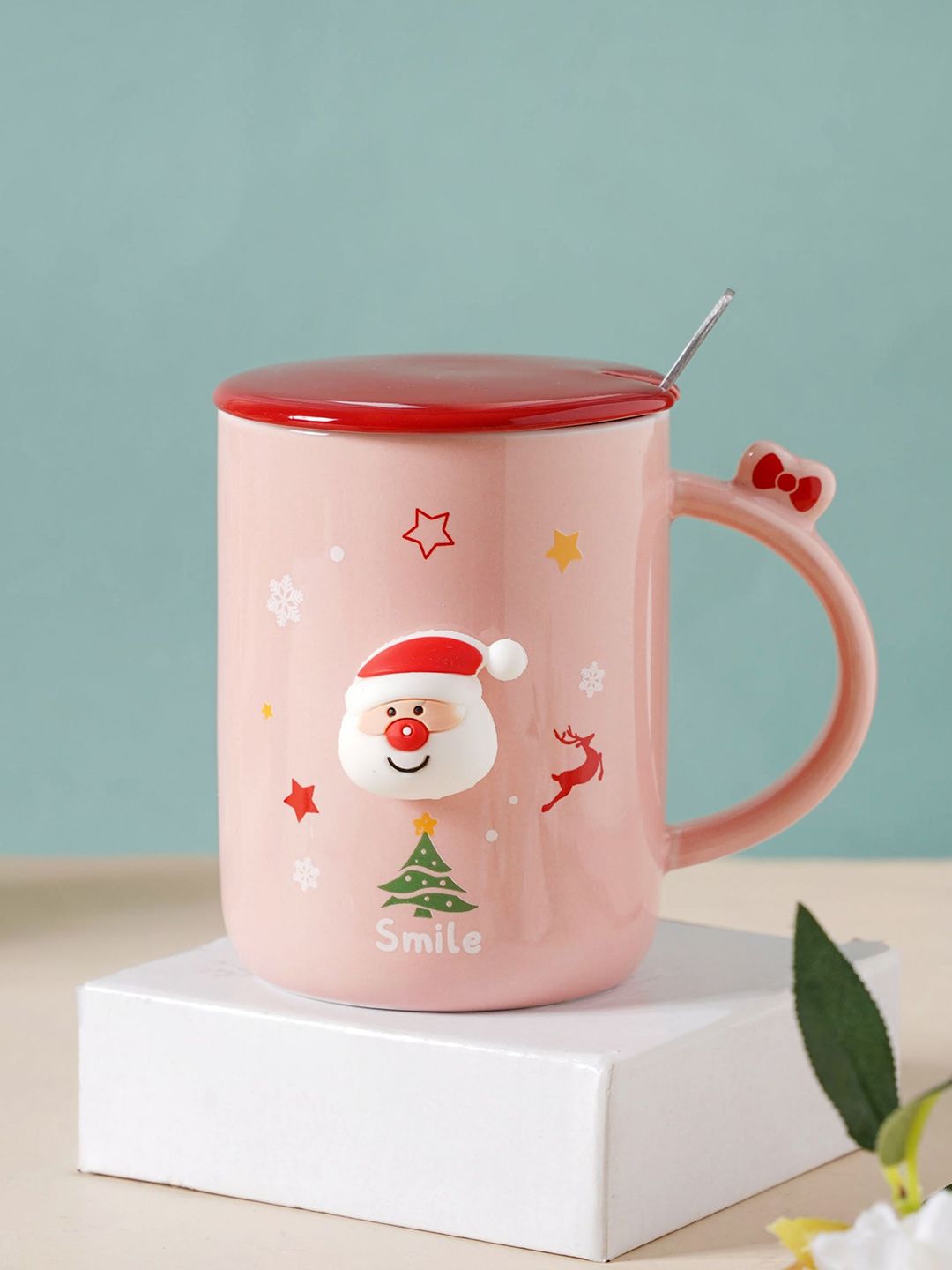 Nestasia Pink & Red Festive Santa Coffee Mug With Lid and Spoon Price in India