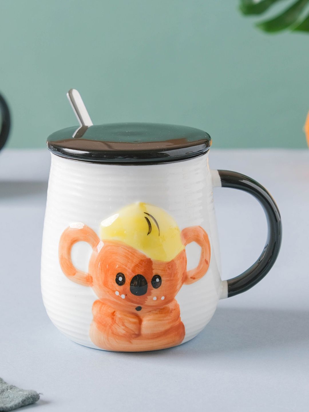 Nestasia White & Black Winsome Koala Bear Printed Ceramic Mug With Lid & Spoon Price in India