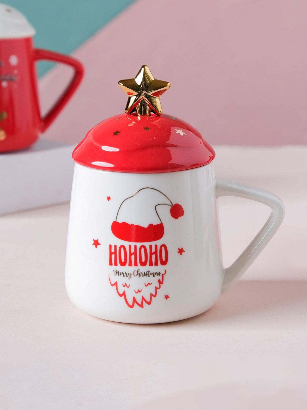 Nestasia White & Red Ceramic Christmas Mug with Lid & Spoon Price in India