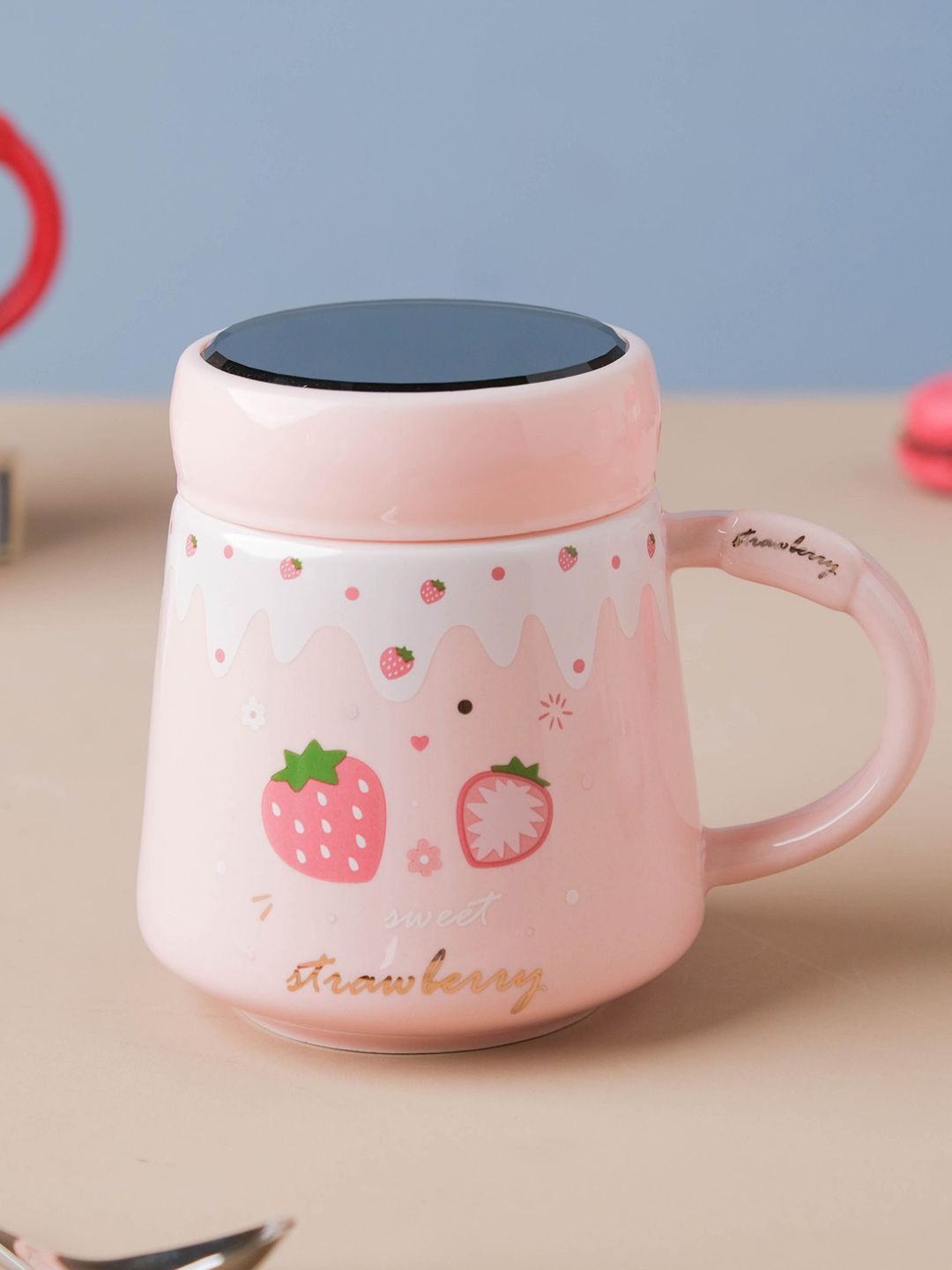 Nestasia Pink Ceramic Strawberry Printed Mug & Lid Price in India