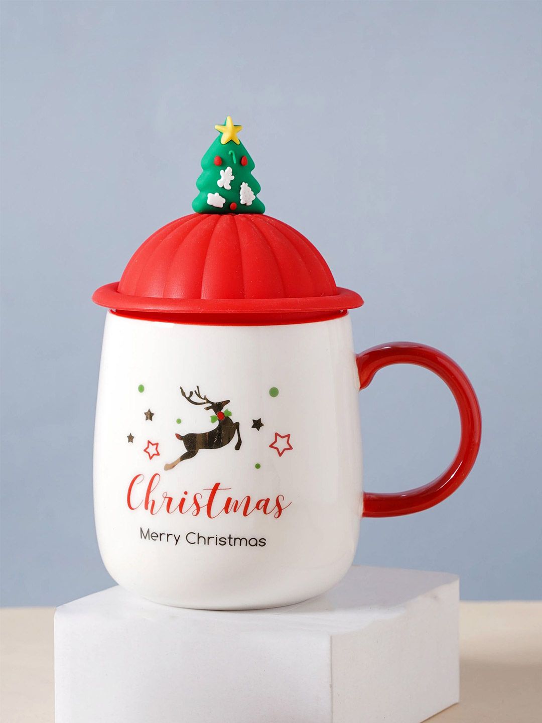 Nestasia White & Red Reindeer Christmas Coffee Cup With Lid and Spoon Price in India