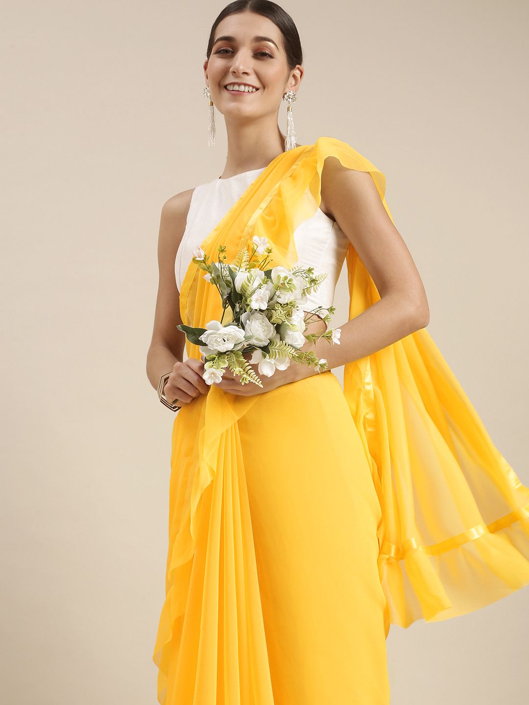 Anjaneya Sarees Yellow Pure Georgette Saree Price in India