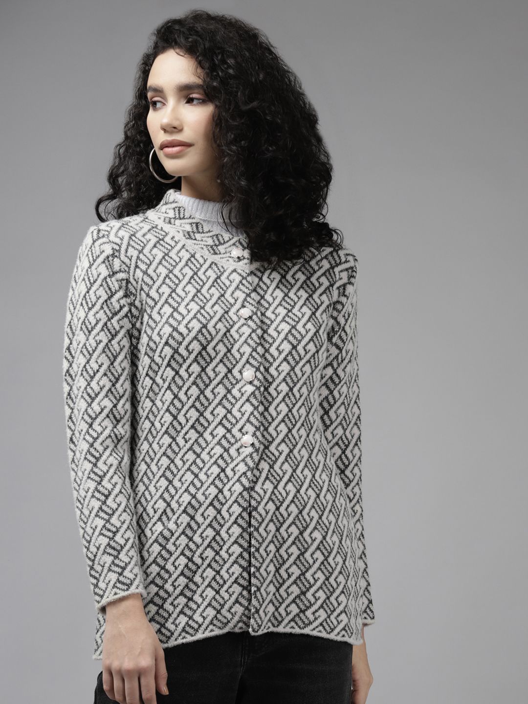 Cayman Women Grey & Charcoal Printed Cardigan Price in India