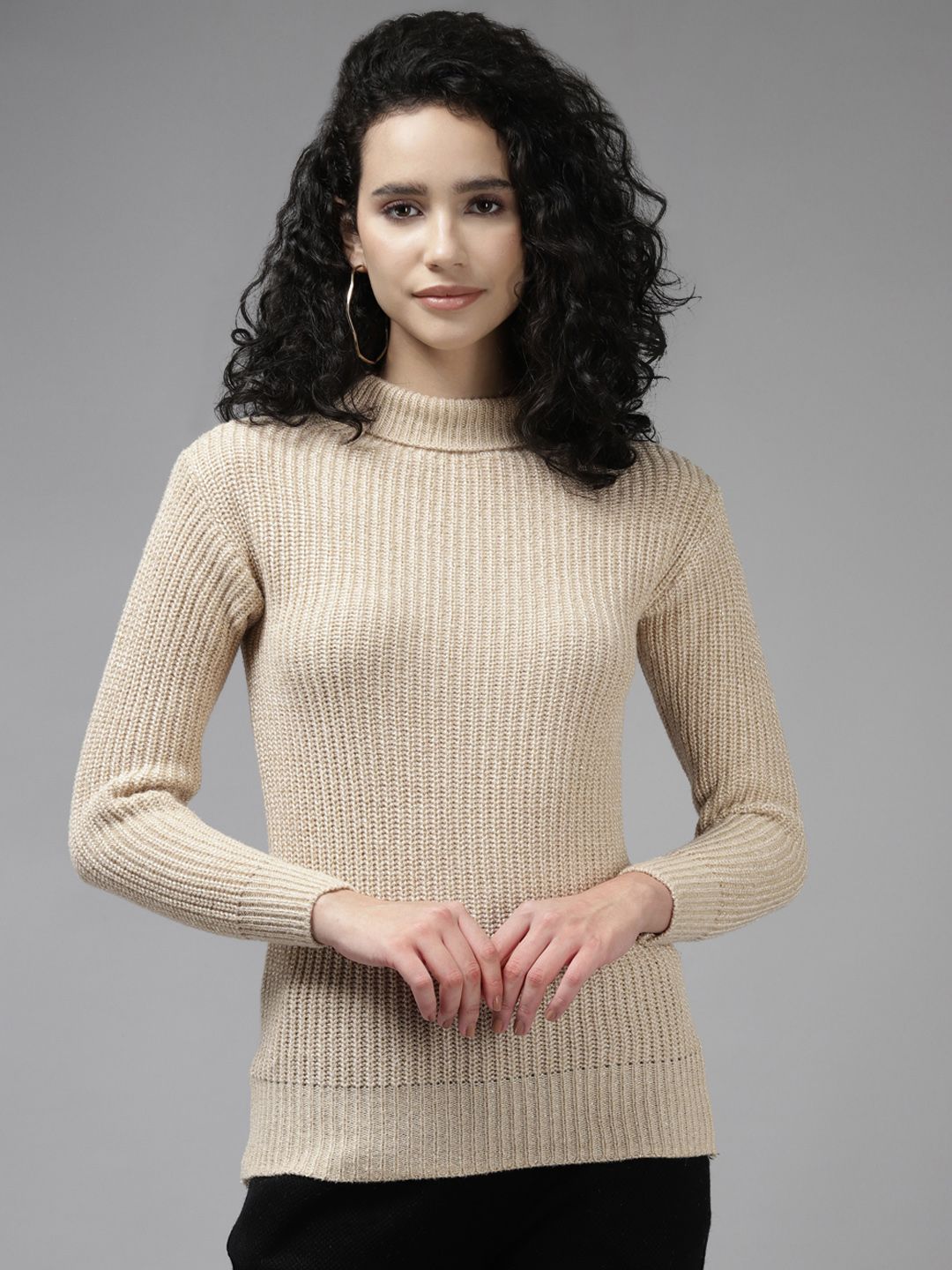 Cayman Women Beige Ribbed Wool Pullover Price in India