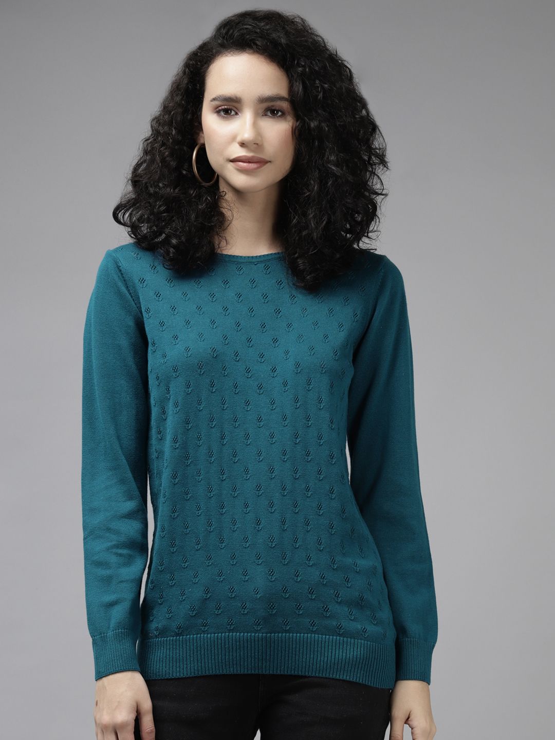 Cayman Women Teal Floral Wool Pullover Price in India