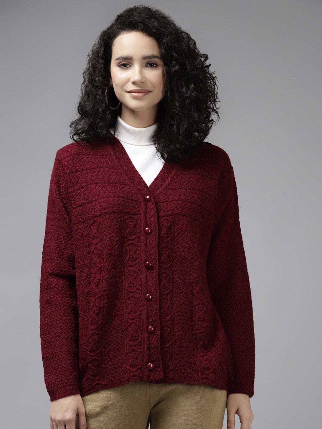 Cayman Women Maroon Cable Knit Cardigan Price in India