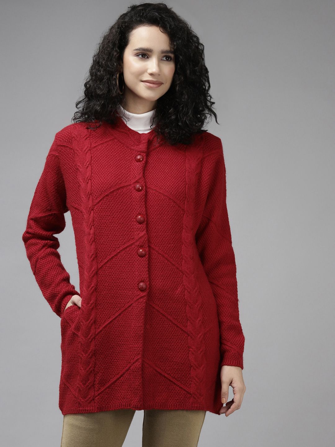 Cayman Women Red Cable Knit Longline Cardigan Price in India