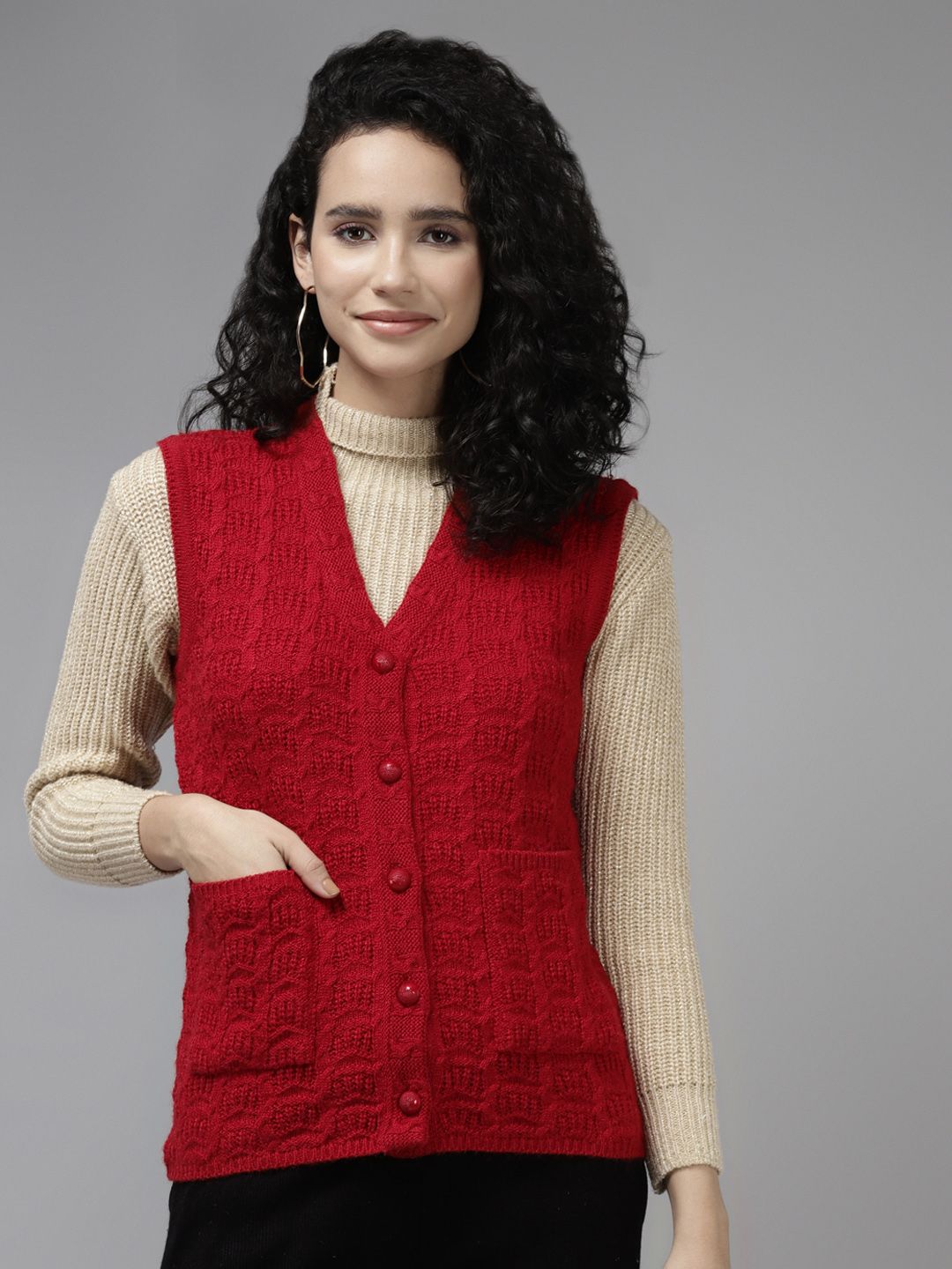 Cayman Women Red Cable Knit Cardigan Price in India
