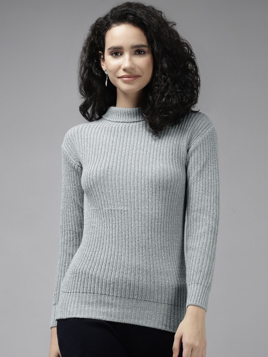 Cayman Women Grey Ribbed Wool Pullover Price in India