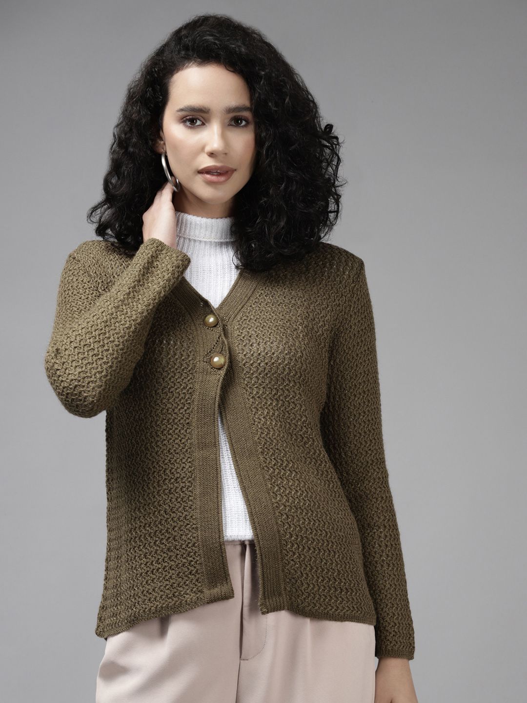 Cayman Women Camel Brown Cable Knit Wool Cardigan Price in India
