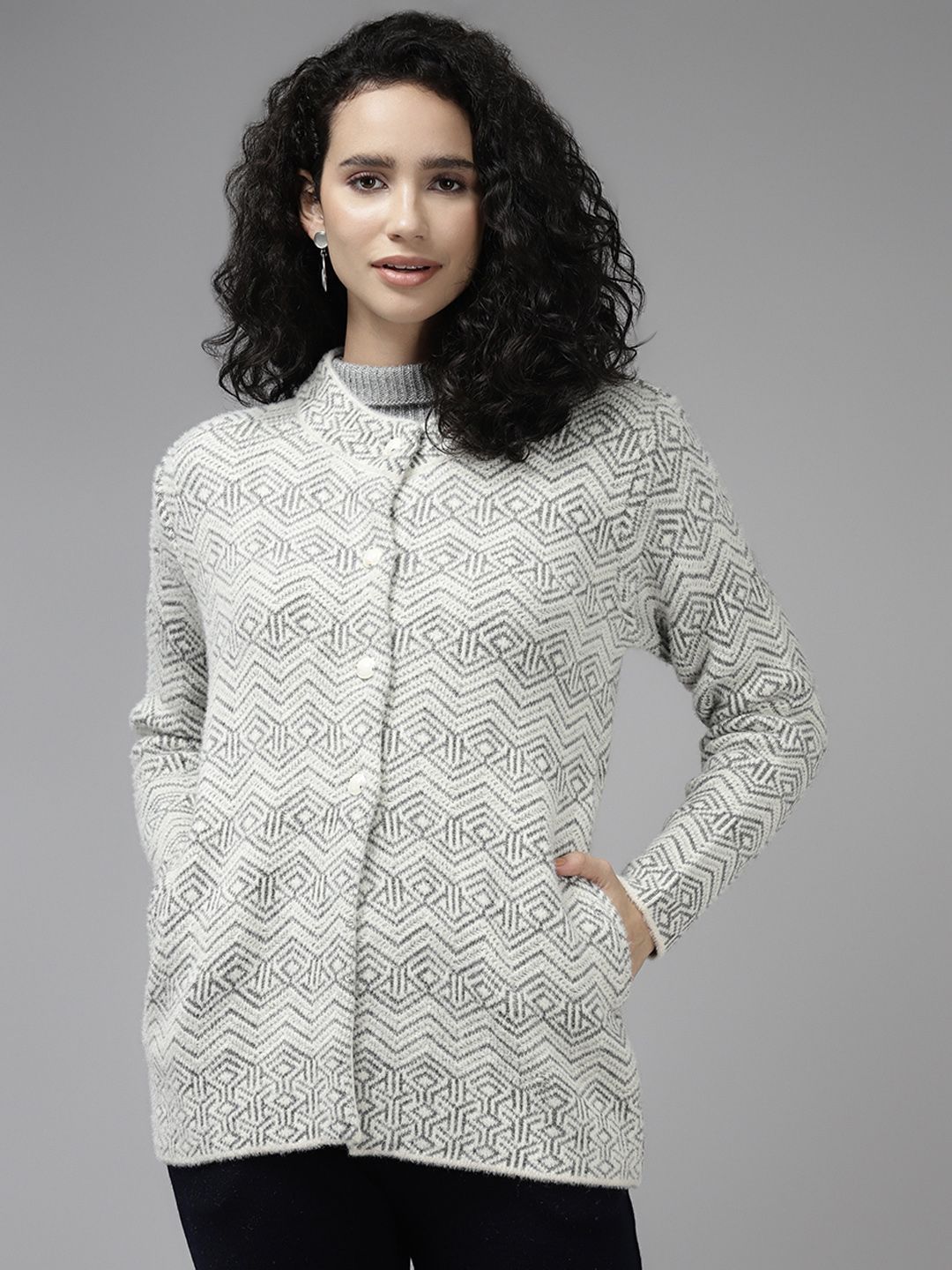 Cayman Women Cream-Coloured & Grey Wool Cardigan Price in India