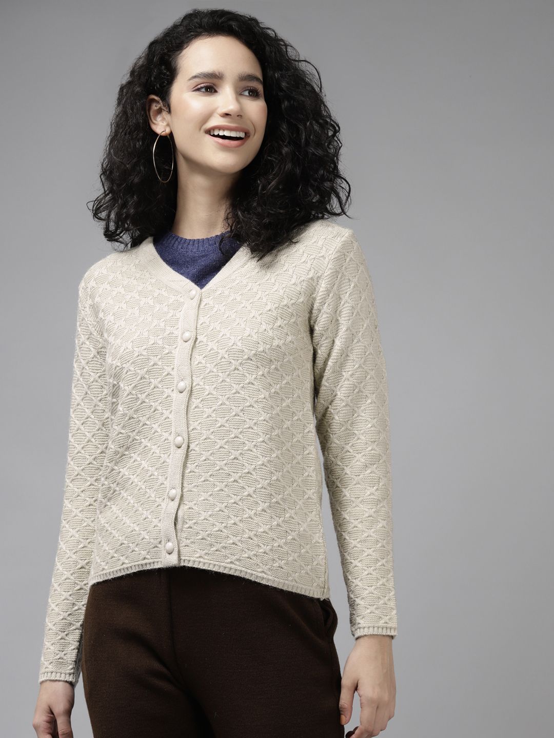 Cayman Women Beige Cable Knit Wool Cardigan Price in India