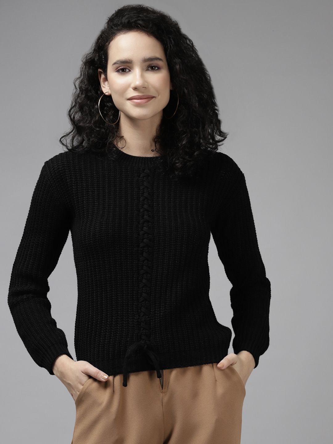 Cayman Women Black Ribbed Wool Pullover Price in India