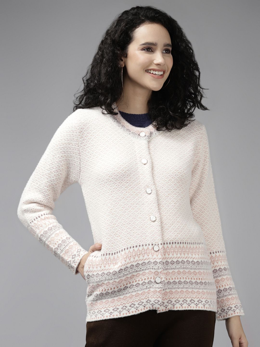 Cayman Women Peach-Coloured Ribbed Wool Cardigan Price in India