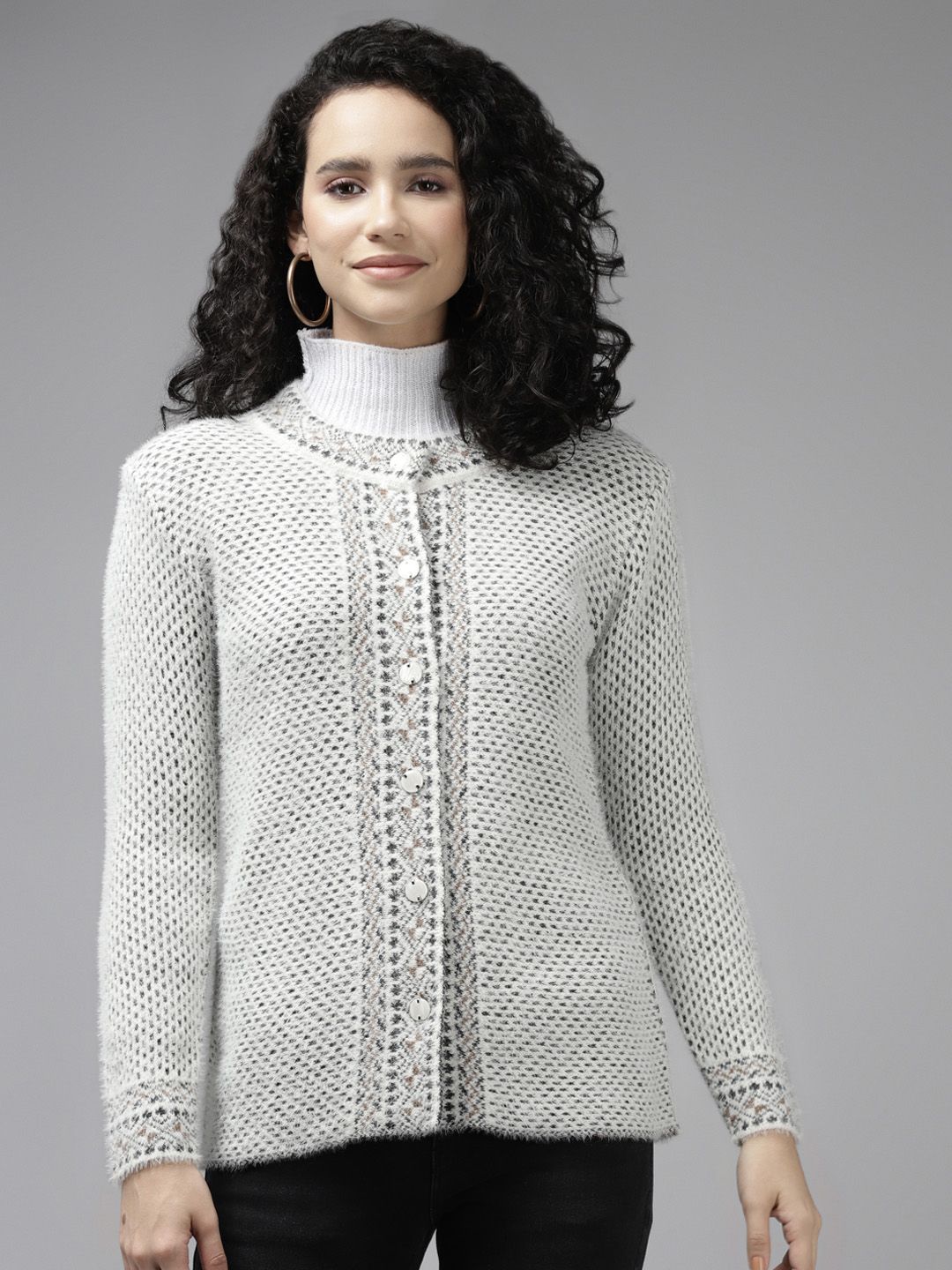 Cayman Women White & Grey Wool Cardigan Price in India