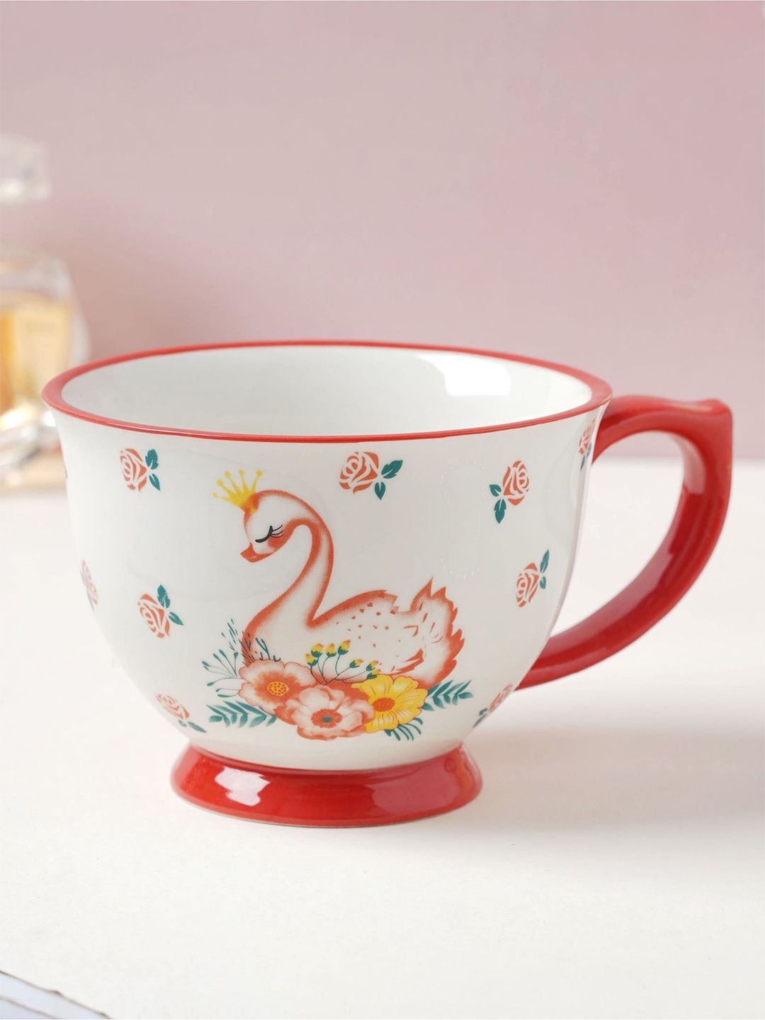 Nestasia Red & White Swan Floral Printed Ceramic Glossy Tea Cup Price in India