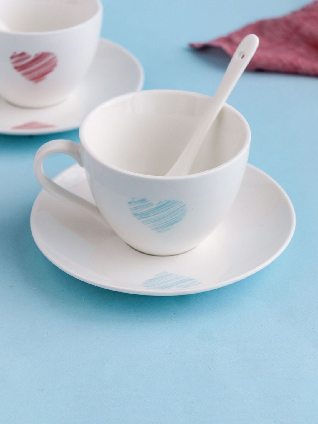 Nestasia White & Blue Heart Ceramic Cup and Saucer with Spoon Price in India