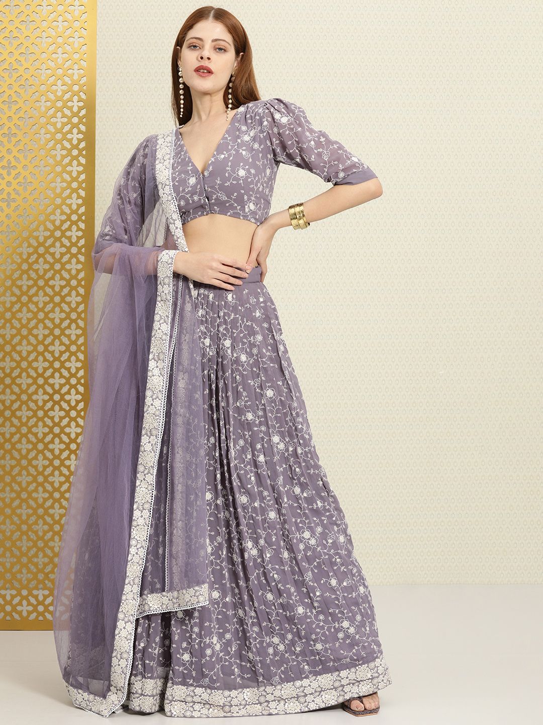 House of Pataudi Lavender Embroidered Thread Work Semi-Stitched Lehenga & Unstitched Blouse With Dupatta Price in India