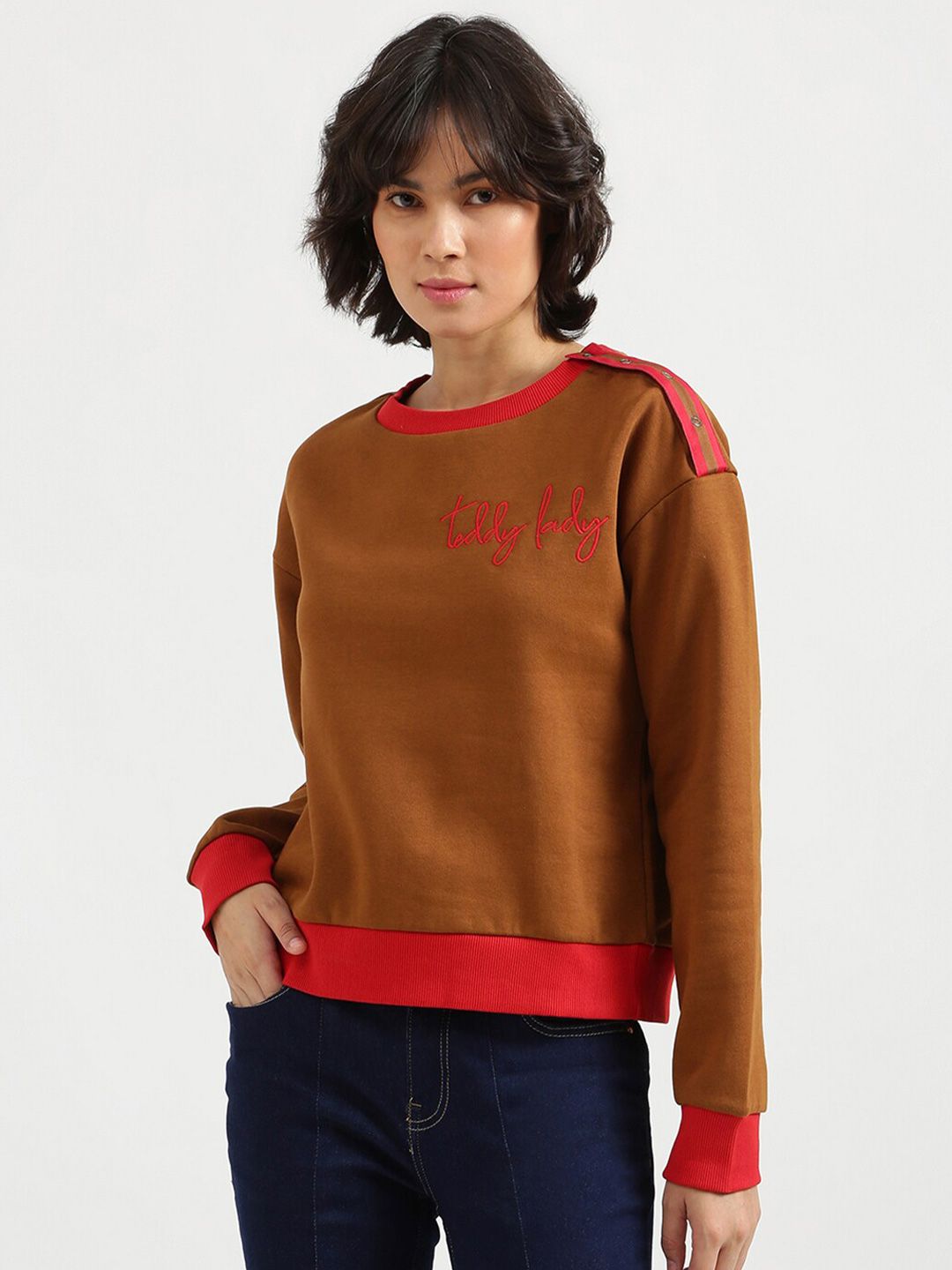 United Colors of Benetton Women Brown & Red   Colourblocked Closed Sweatshirt Price in India