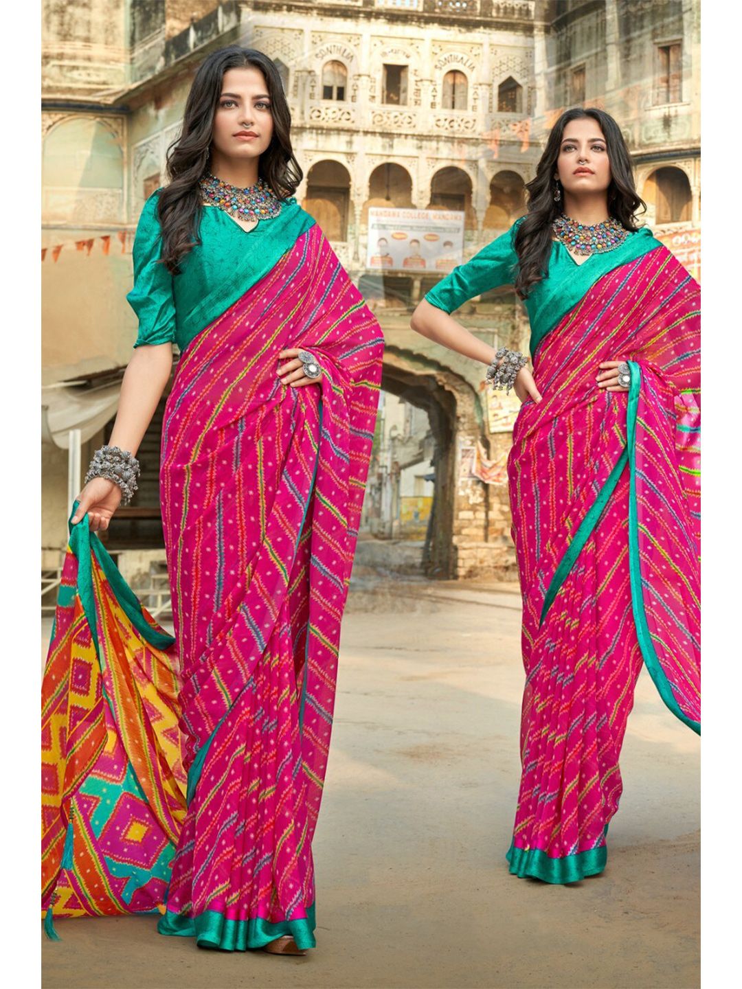 KARAGIRI Women Pink & Turquoise Blue Leheriya Saree Price in India