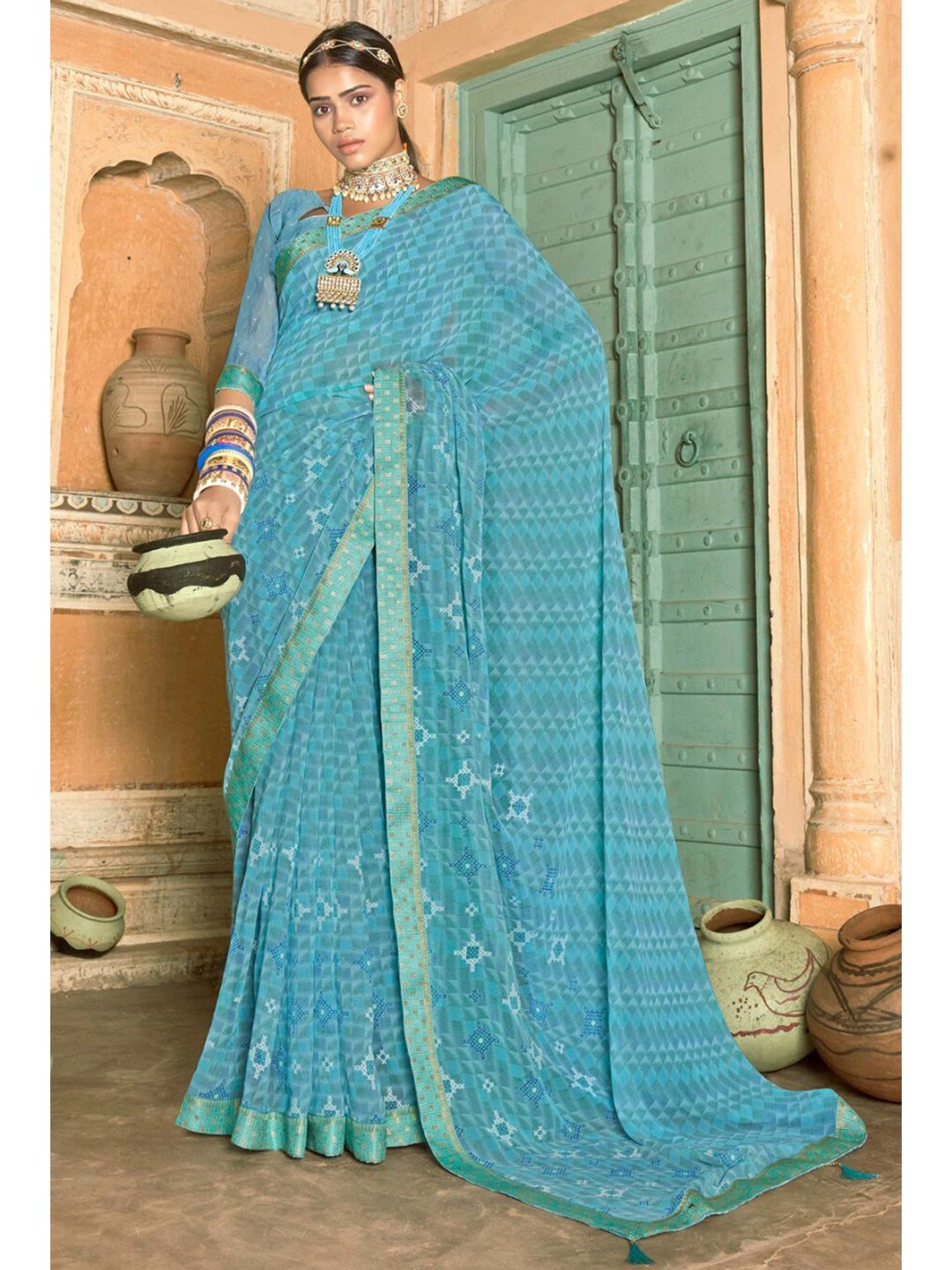 KARAGIRI Women Blue Geometric Printed Georgette Saree Price in India
