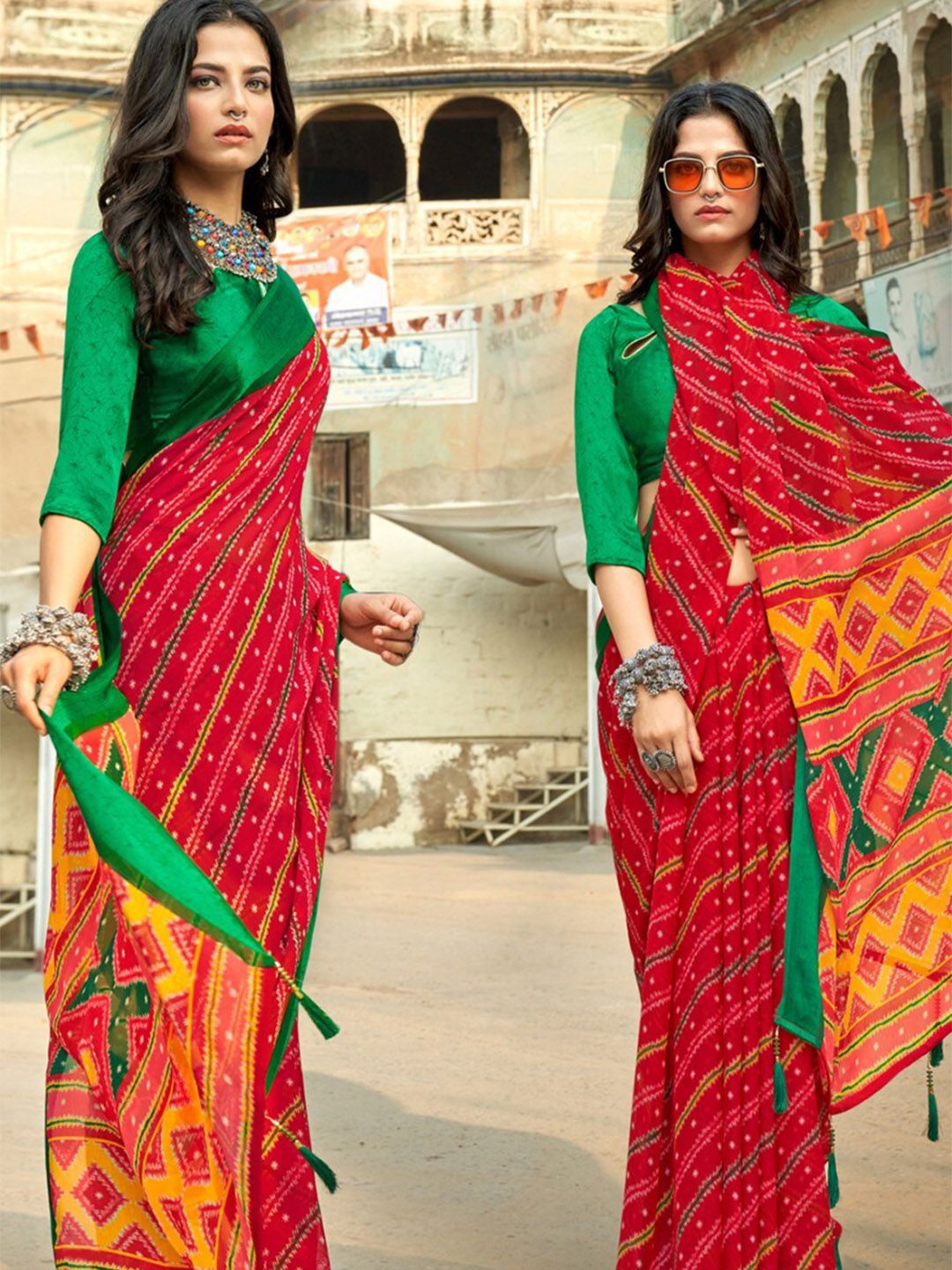 KARAGIRI Women Red & Green Leheriya Saree Price in India