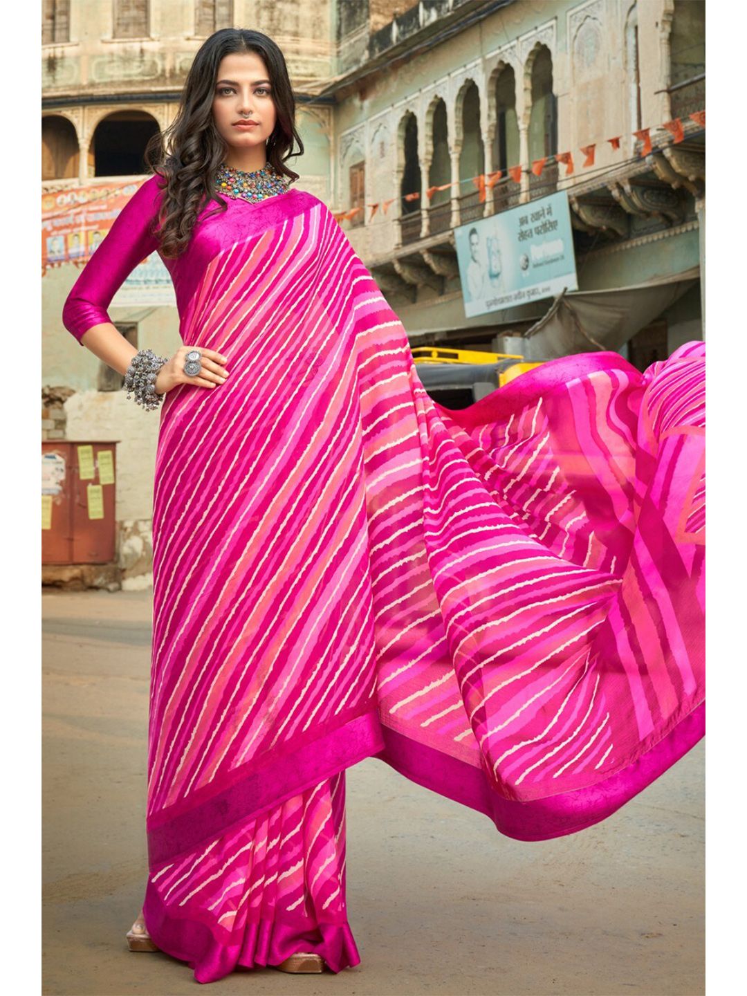 KARAGIRI Women Pink & White Leheriya Saree Price in India