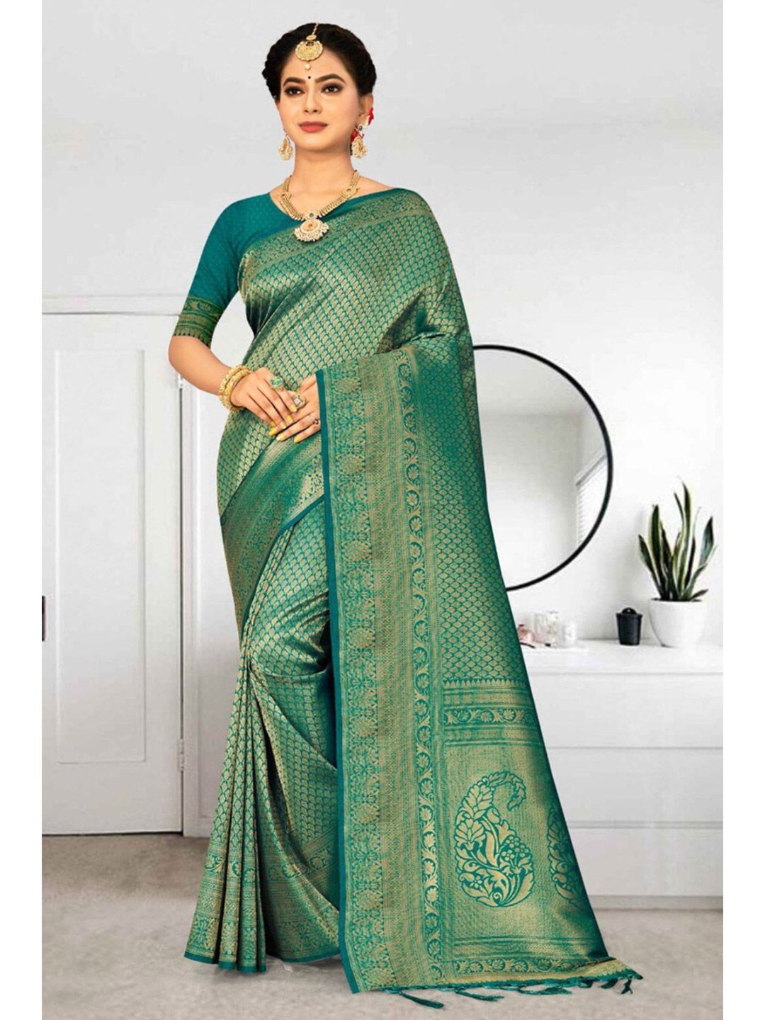KARAGIRI Blue & Gold-Toned Woven Design Zari Silk Blend Kanjeevaram Saree Price in India