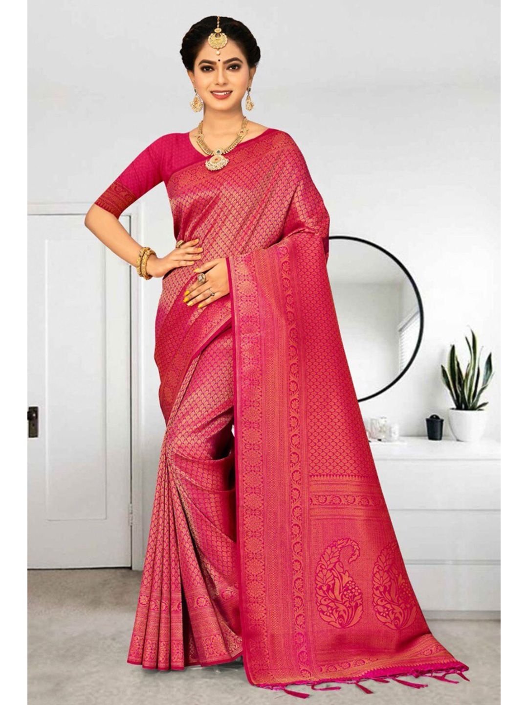 KARAGIRI Pink & Gold-Toned Woven Design Zari Silk Blend Kanjeevaram Saree Price in India